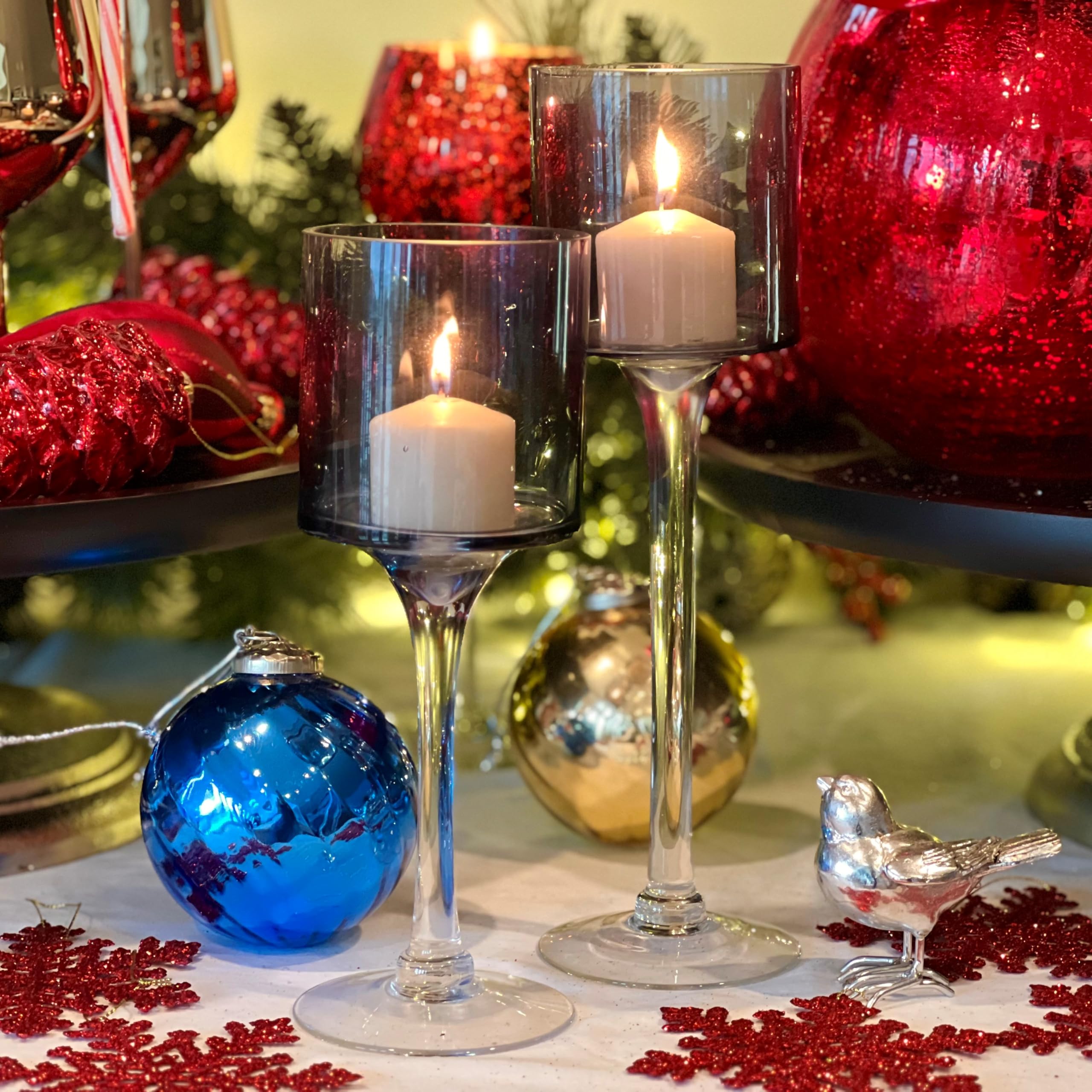 Elegant Glass Goblet Candle Holders Set of 2 - Grey Cups with Clear Stems, 9.75 & 11.75 Inch Lacquered Glass Votive & Tealight Candle Holders for Wedding Centerpieces, Romantic Dinner Decor, and Home Ambiance Lighting