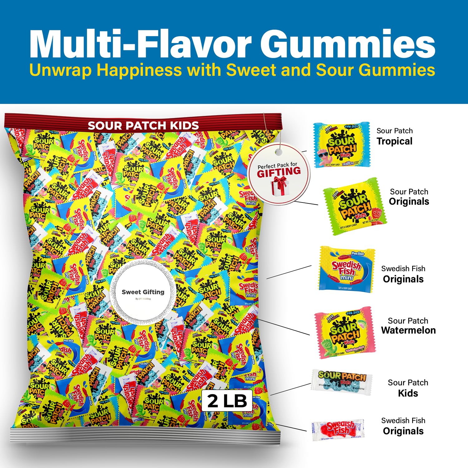 Sour Patch Kids & Swedish Fish Candy Bulk 2 LB - Individually Wrapped Easter Candy, Gummy Variety Pack for Birthdays, Goodie Bags, Piñatas | Sweet & Sour Treats for Parties, Holidays, Movie Nights & Office Snacks
