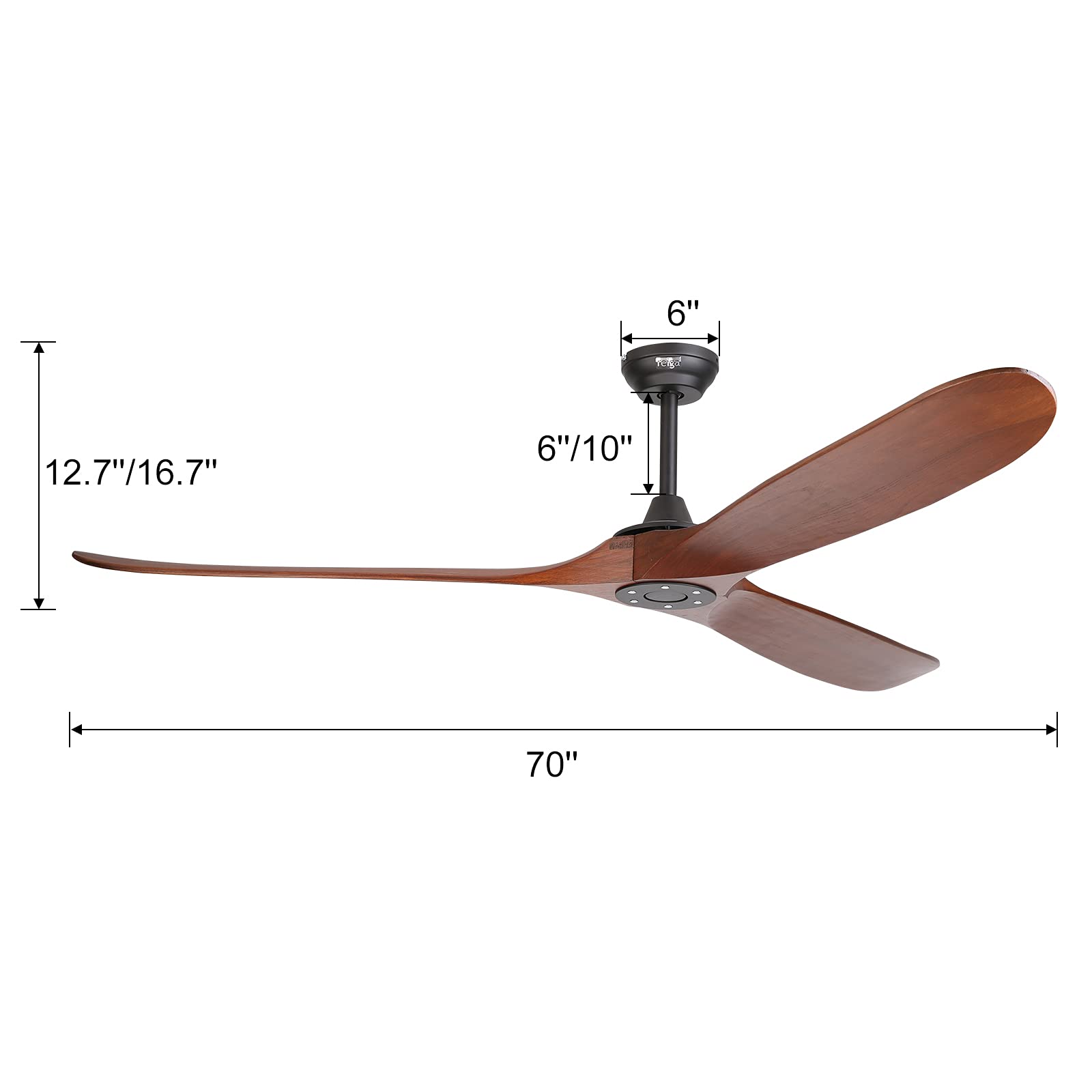 Reiga 70 Inch Large Wood Ceiling Fan Without Light - 3 Blade Indoor/Outdoor High Airflow Silent Smart Ceiling Fan with Remote Control - Perfect for Living Room, Bedroom, Exterior Patio, Porch, and Outdoor Spaces