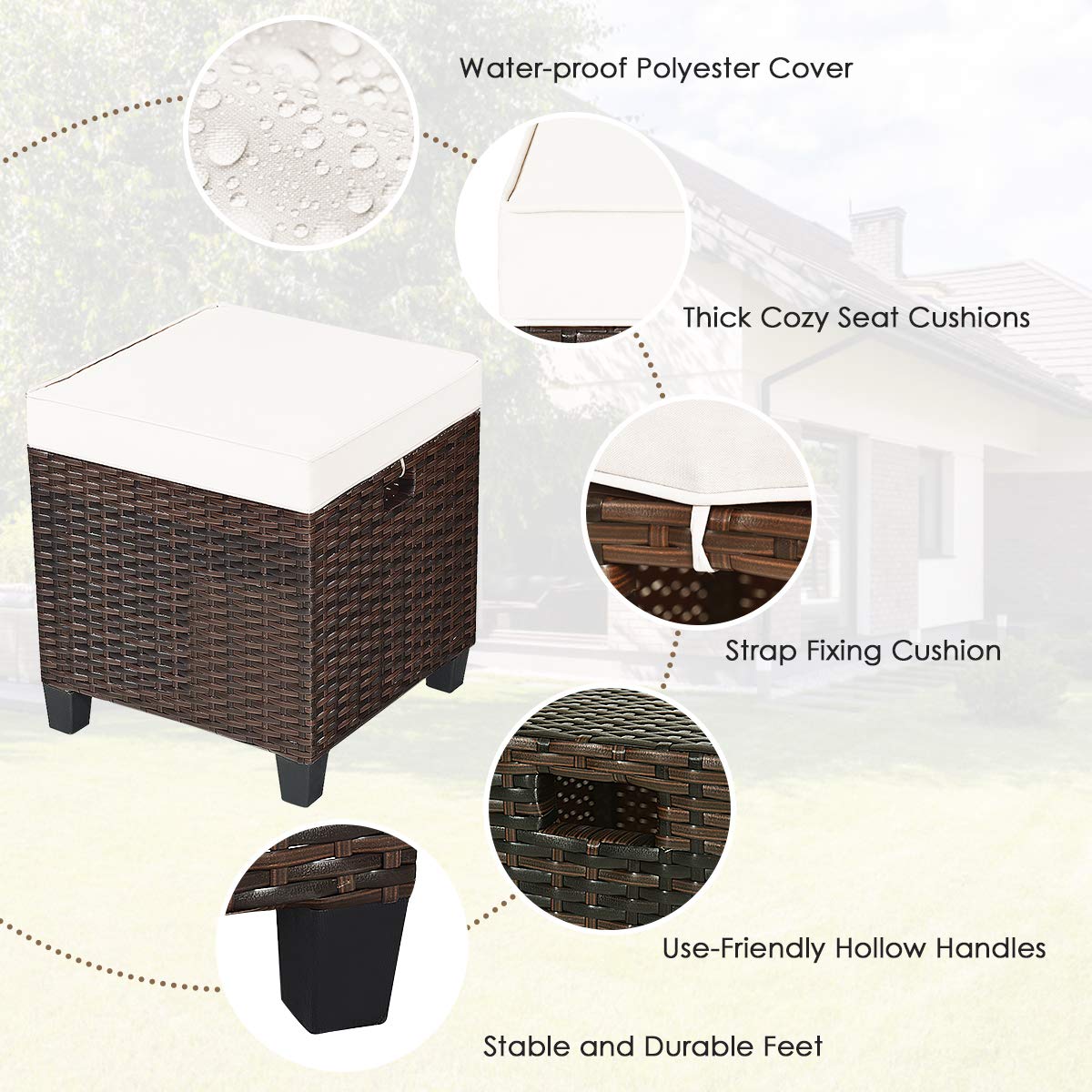 2-Piece Outdoor Rattan Ottoman Set with Removable Cushions - Patio Footrest & Wicker Stool for Garden, Deck, and Poolside Relaxation