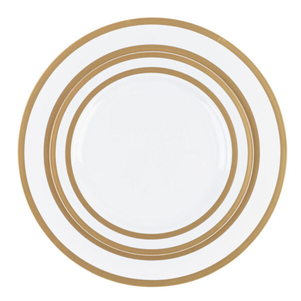 32-Piece White and Gold Rim Plastic Dinnerware Set for 16 Guests - Elegant Symmetry Design for Parties, Weddings, and Outdoor Dining