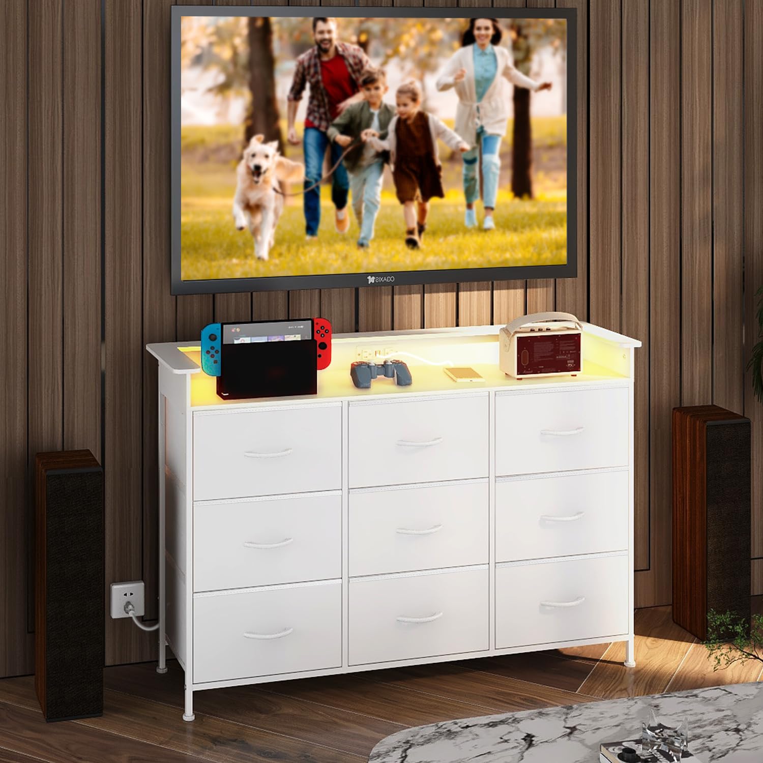 EXOTICA 9-Drawer White Dresser with LED Lights & USB Charging Station - Sturdy Steel Frame & Wooden Top for Bedroom, Entryway, Living Room, Hallway | Easy Pull Handles, Modern Storage Solution for Clothes & Accessories