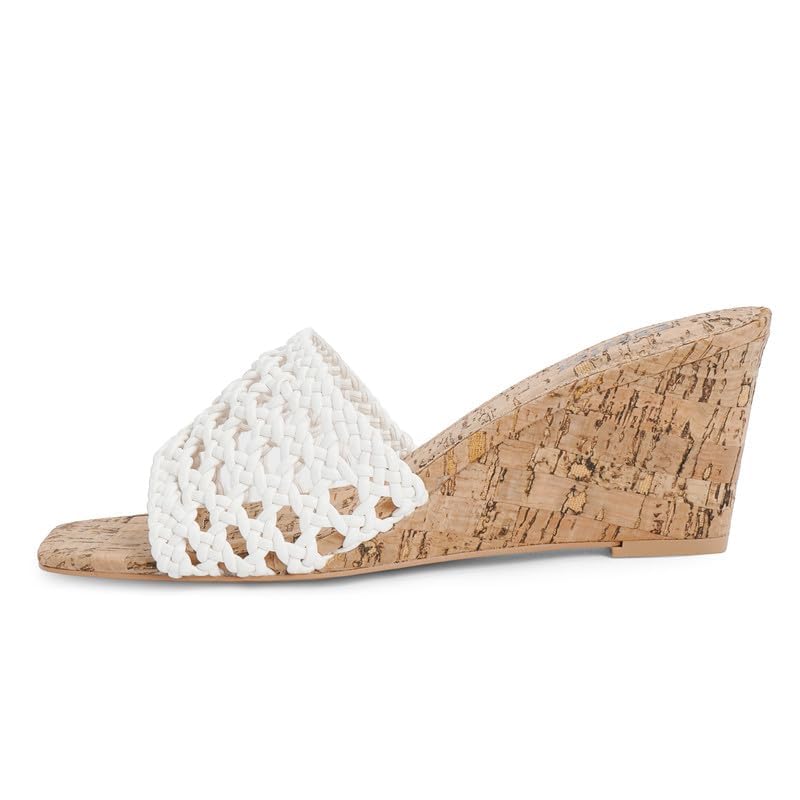 Women's Open Toe Wedge Sandals - Square Toe High Heel Mules with Wood Grain Design | Slip-On Comfort for Summer, Beach, and Casual Outings