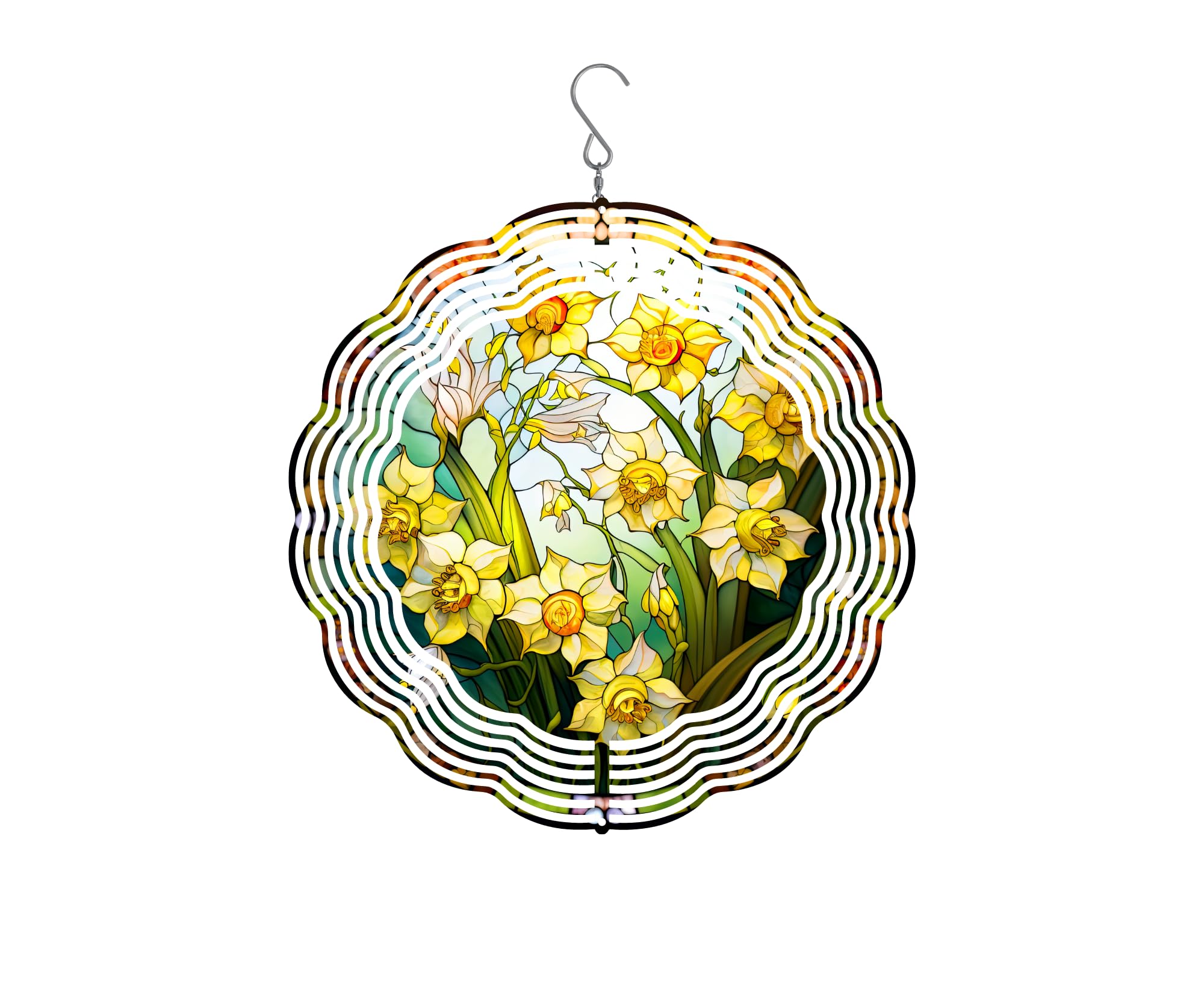 10 Inch Stained Glass Daffodil Metal Wind Spinner - Outdoor Kinetic Garden Decor for Spring & Summer - Perfect for Patio, Yard, and Garden Decoration