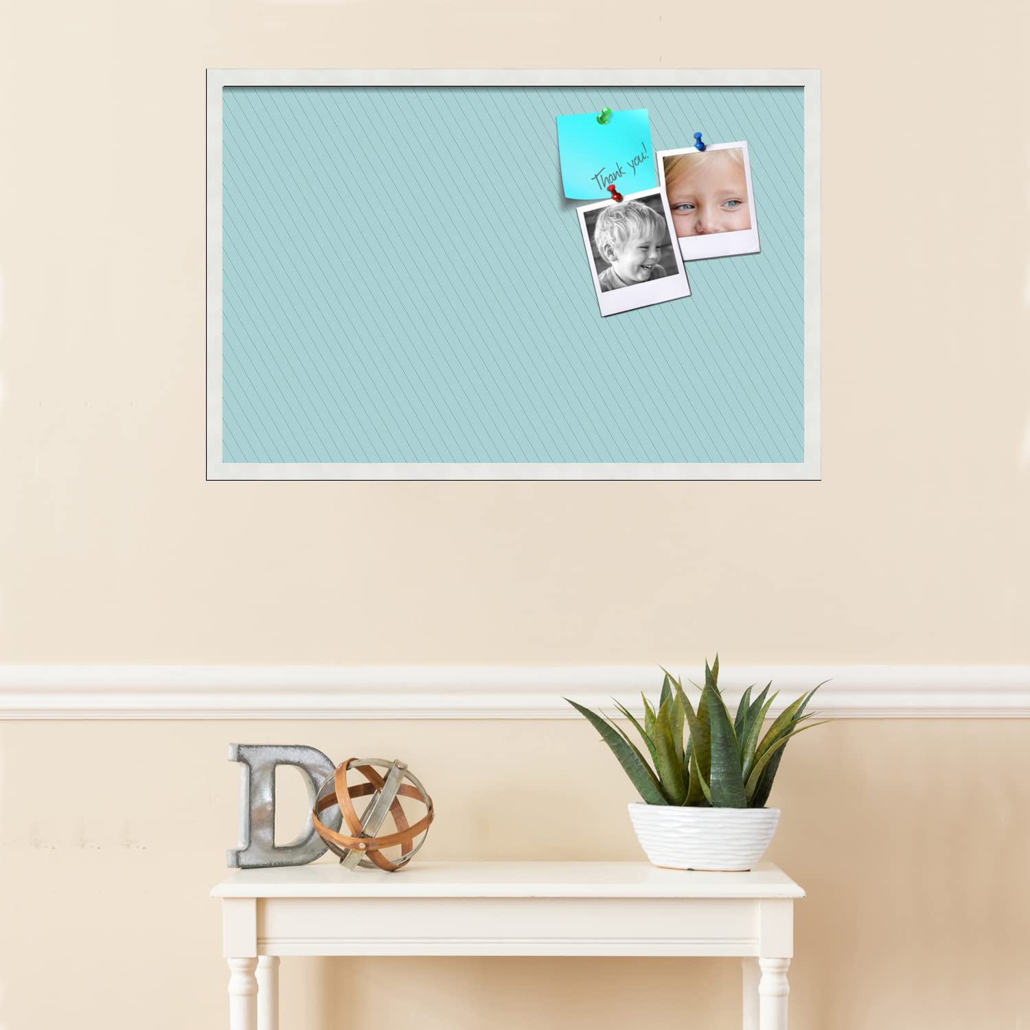 PinPix 34x22 Inch Cork Bulletin Board - Decorative Framed Pin Board with Lux Stripes Aqua Design & Satin White Frame - Perfect for Home Office Decor, School Classroom, Dorm Room Organization & Wall Memo Display (PinPix-1672)