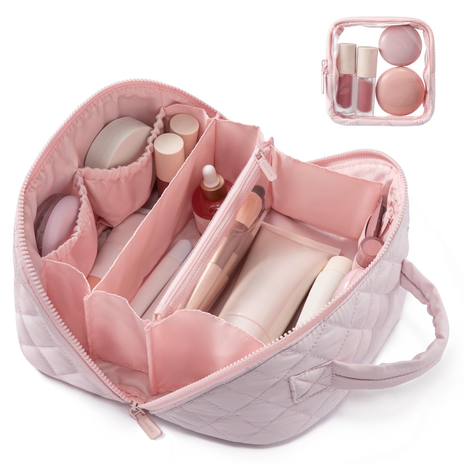 LOVEVOOK 2Pcs Puffer Waterproof Travel Makeup Bag Set for Women - Large Capacity Cosmetic Organizer with Divider & Handle, Open Flat Toiletry Pouch - Perfect Gift for Her (Pink) | Ideal for Travel, Gym, Vacation & Daily Beauty Storage
