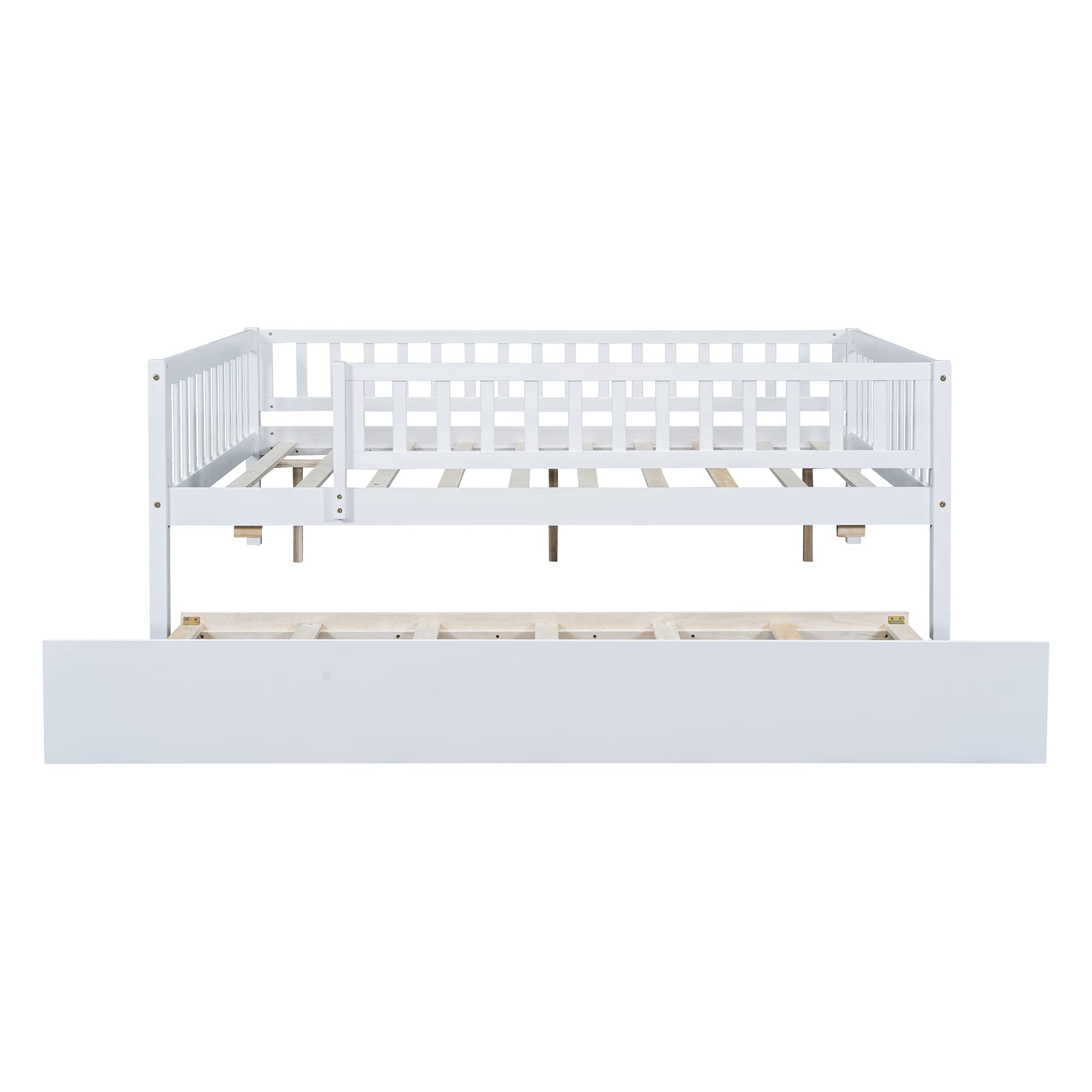 DEINPPA Full Size Wooden Daybed with Trundle - Twin Kids Bed Frame with Safety Guardrails for Boys, Girls, Toddlers & Children - White | Perfect for Nursery, Playroom & Small Bedroom Spaces