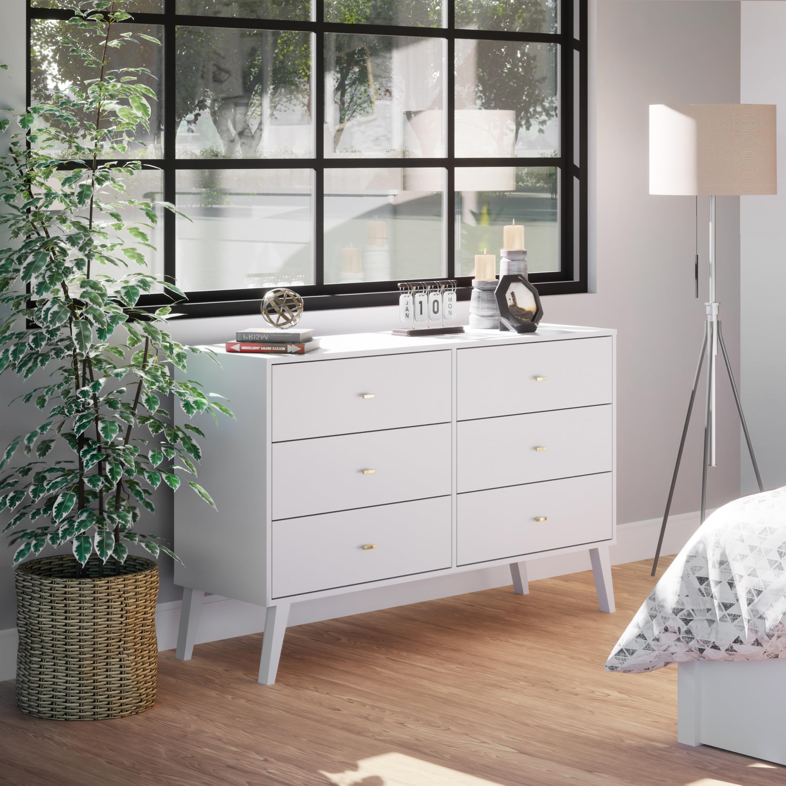 Mid-Century Modern 6-Drawer Double Dresser - Prepac Milo Wide Chest of Drawers for Bedroom, Contemporary Bedroom Furniture, 16.75