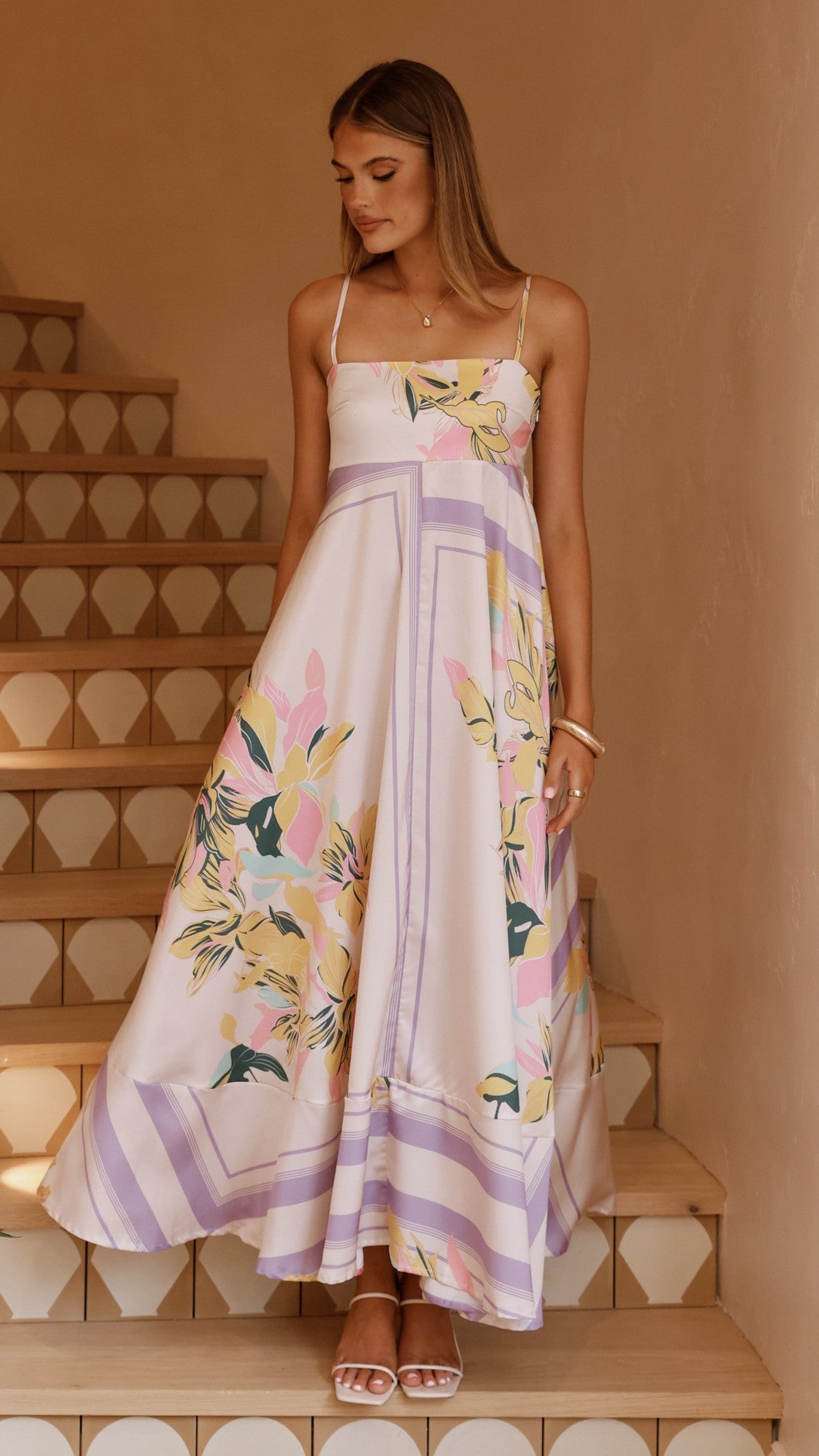 Kaethe Maxi Dress for Women - Elegant Beige & Lilac Flowy Long Dress - Perfect for Beach Vacations, Summer Parties & Casual Outings