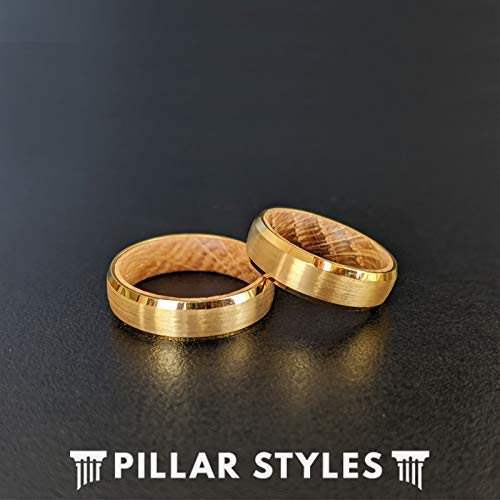 14K Gold Whiskey Barrel Ring - Men's Tungsten Wedding Band for Anniversary Gifts - Bourbon Wood Design for Couples