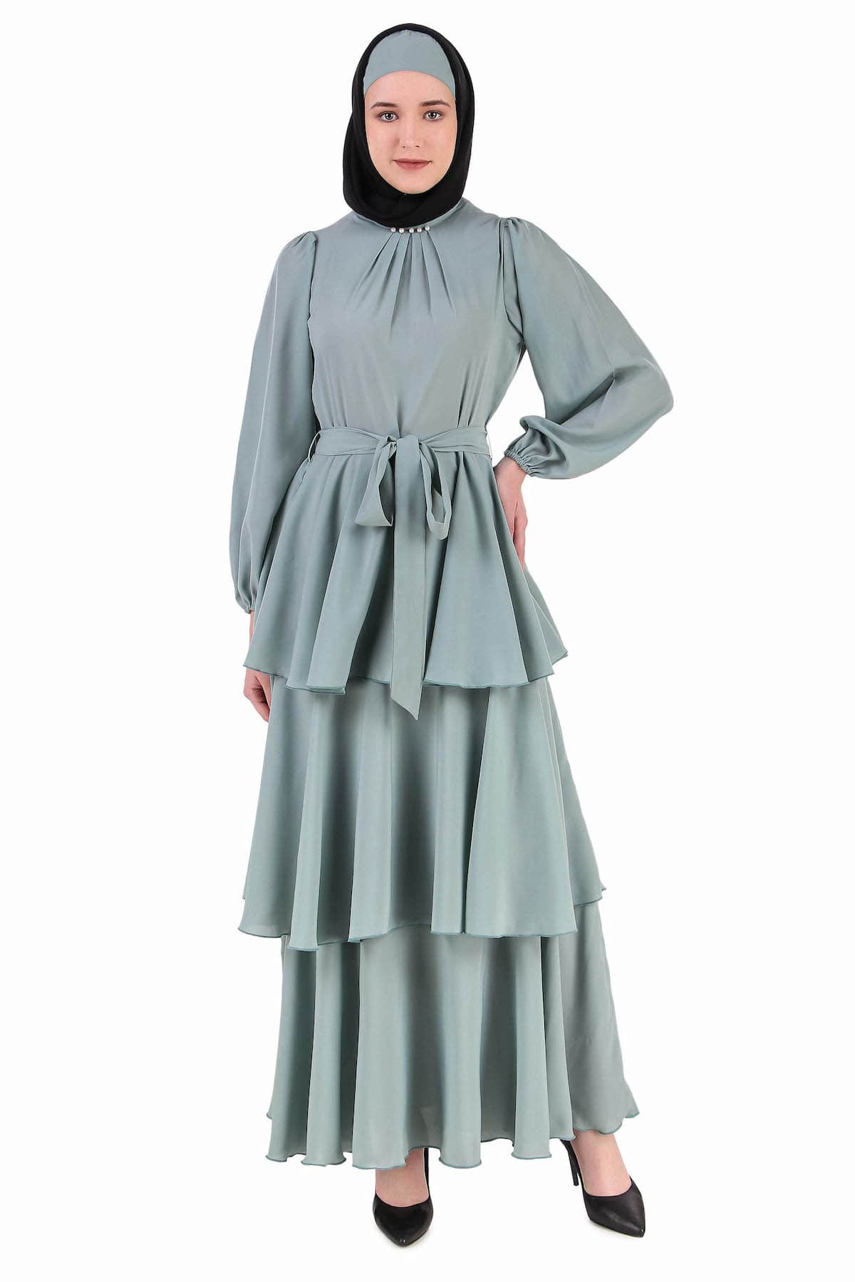 Elegant Sea Green Layered Abaya Dress - Modest Islamic Fashion for Women - Perfect for Prayer, Eid, and Special Occasions