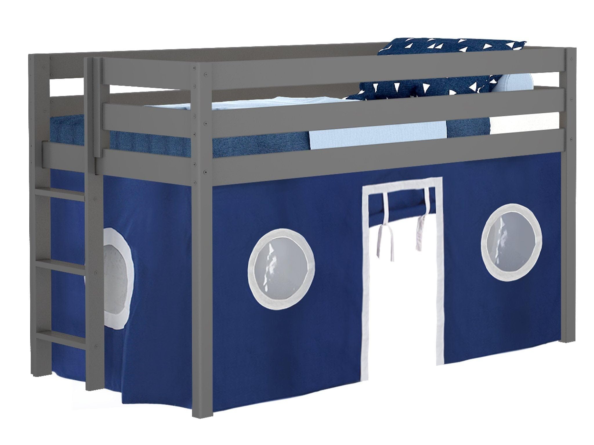 Modern Low Loft Twin Bed with End Ladder - Gray & Blue White Tent Design - Perfect for Kids' Bedroom, Dorm Room or Small Space Decor