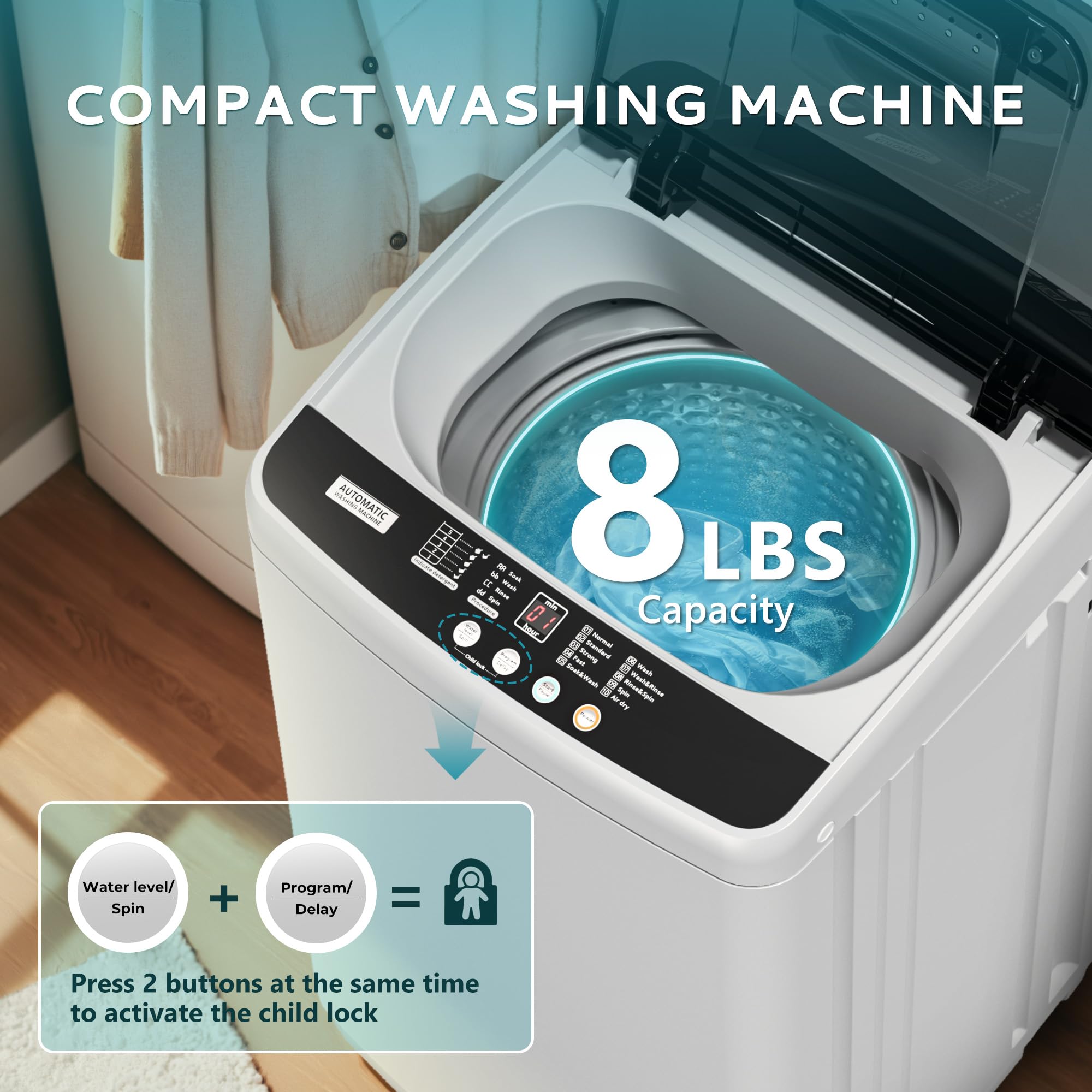 Euhomy 0.9 Cu Ft Portable Washing Machine with Drain Pump - 10 Wash Programs & 5 Water Levels, LED Display Compact Washer for Apartments, RVs, Dorms - Perfect for Small Spaces & Travel Laundry (Light Gray)
