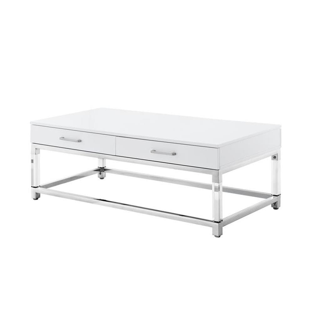White & Chrome Metal Coffee Table with Acrylic Legs - Living Room Decor