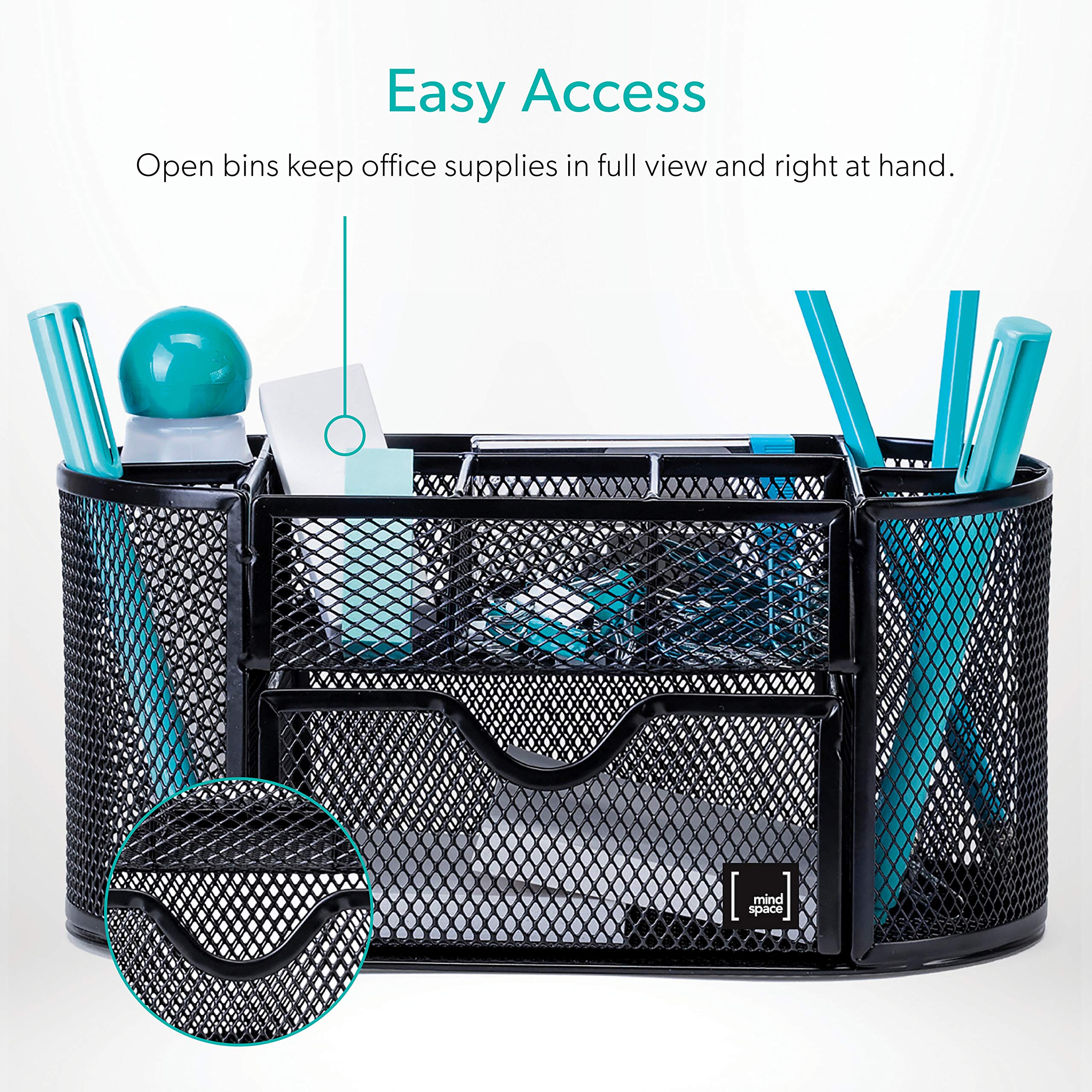Mindspace Mesh Desk Organizer with 8 Compartments & Drawer - Black Office Desk Caddy for Pens, Pencils, Paper Clips & Office Supplies | Perfect for Home Office, Study Desk & Workspace Organization