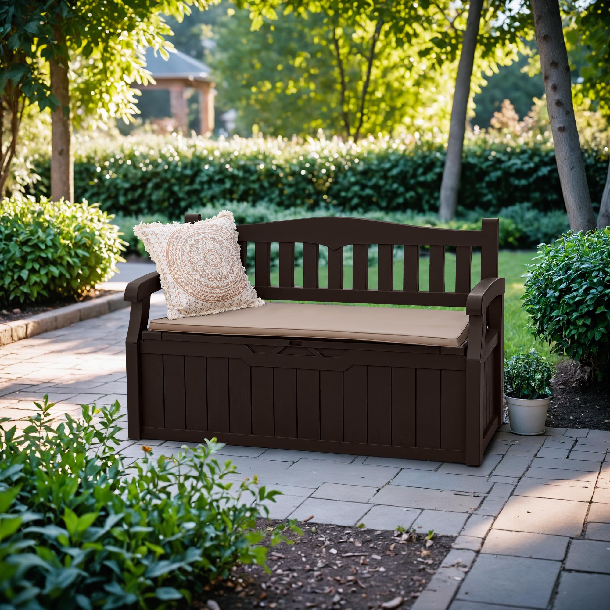 Devoko 80 Gallon Lockable Storage Bench Deck Box - Outdoor Patio Furniture, Garden Decor & Seating - Organize Cushions, Tools & Pool Supplies (Brown) - Perfect for Backyard, Deck & Poolside Storage