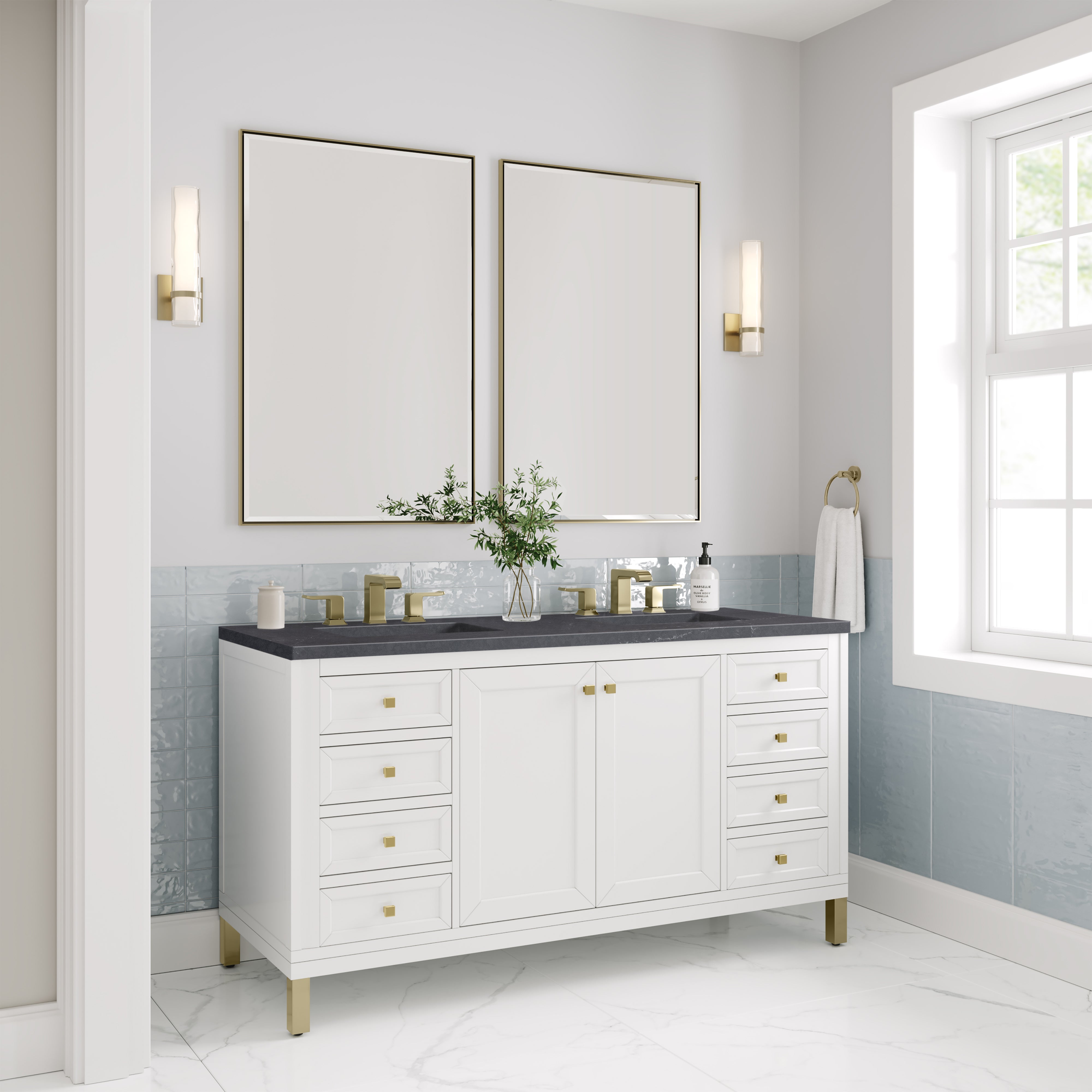 Chicago 60 Inch Double Bathroom Vanity with Glossy White Finish & 3CM Charcoal Soapstone Countertop - Perfect for Master Bathroom Renovation and Modern Home Decor