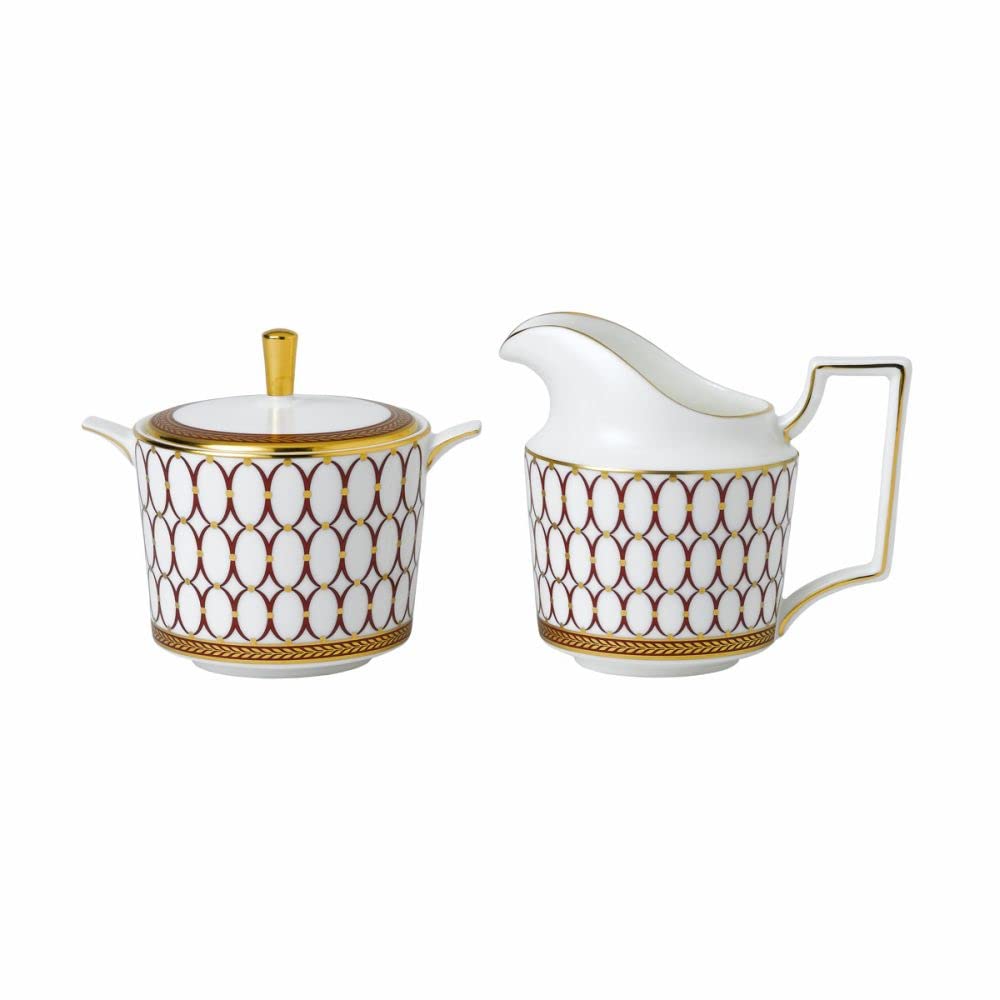 Wedgwood Renaissance Red Sugar Bowl and Creamer Set - Elegant Bone China Tea Accessories for Afternoon Tea and Coffee Service