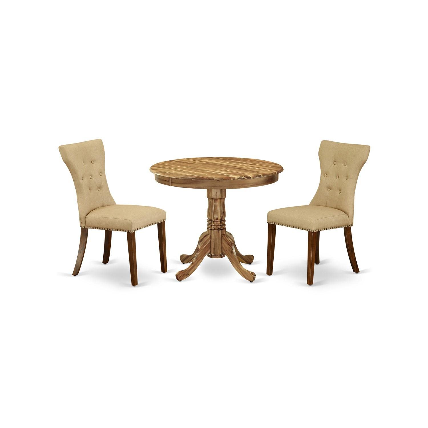 East West Furniture ANGA3-ANA-03 3-Piece Round Dining Table Set with Pedestal Base & 2 Brown Linen Parsons Chairs - 36x36 Inch, Natural Finish - Perfect for Small Spaces, Apartments, Breakfast Nooks & Cozy Kitchens