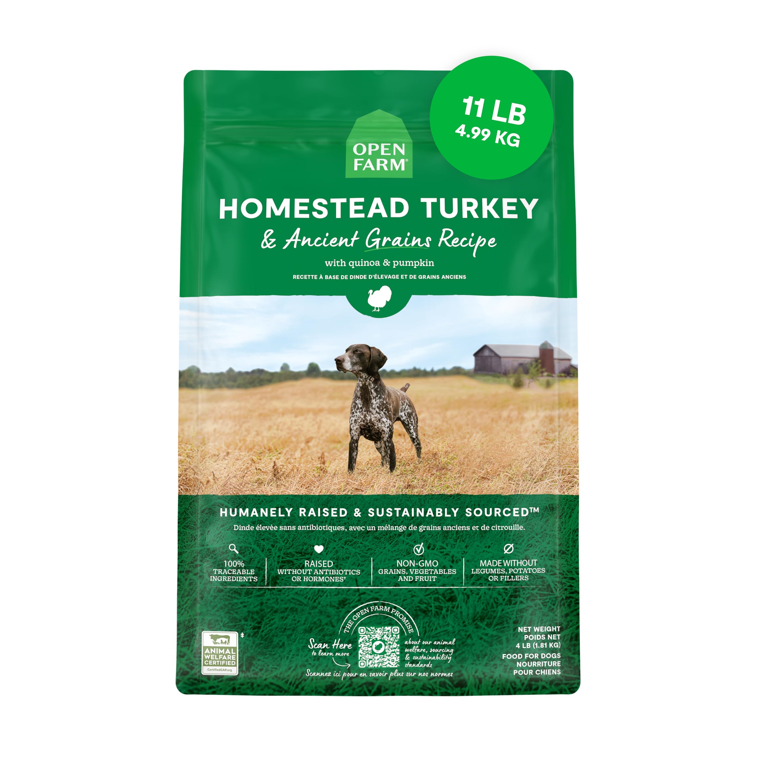 Open Farm Ancient Grains Dry Dog Food - High Protein & Nutrient Dense with 90% Animal Protein, Non-GMO Fruits, Vegetables & Superfoods | Homestead Turkey Recipe | 11lb Bag | Perfect for Adult Dogs & Active Puppies at Home or Outdoor Adventures