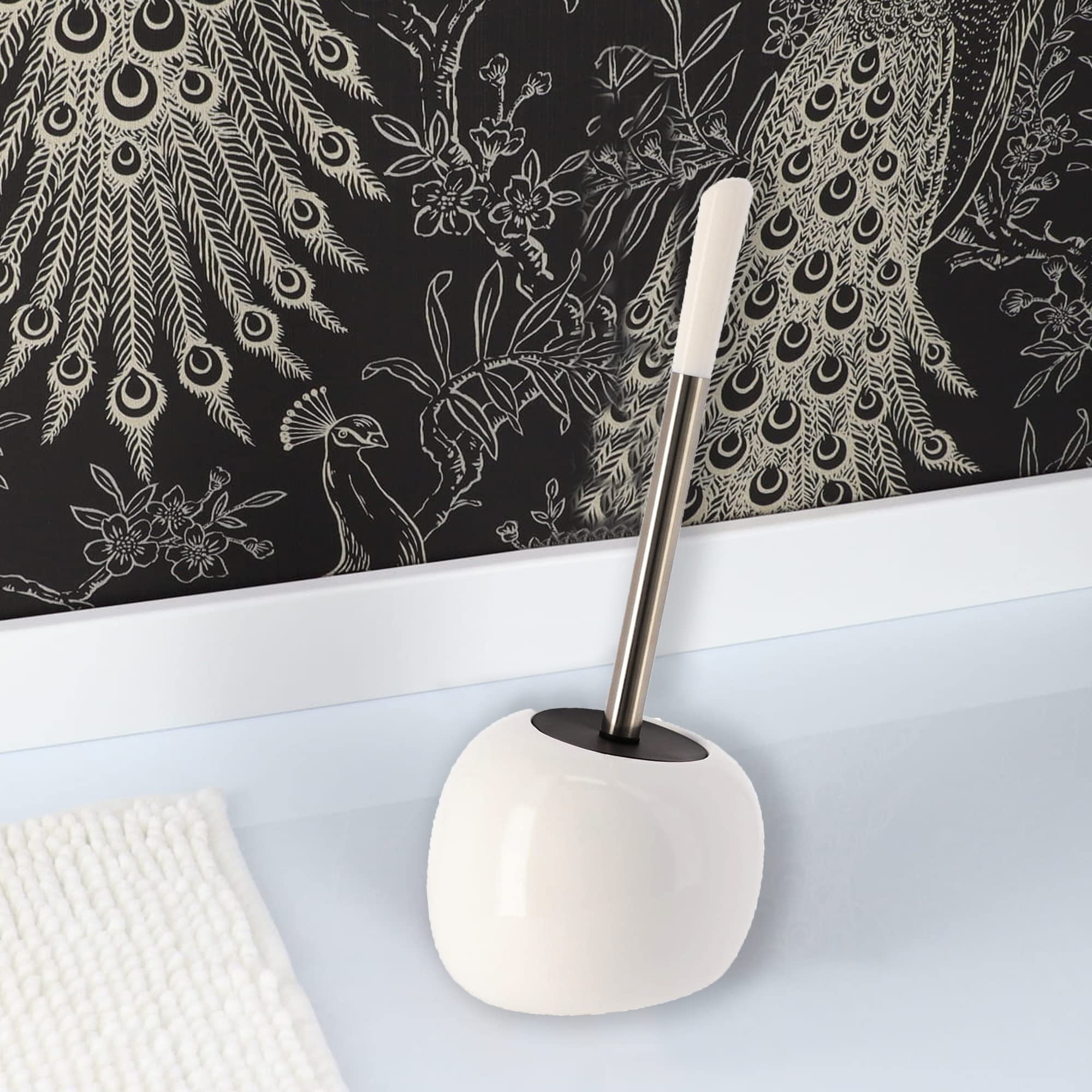 Freestanding White Toilet Brush and Holder Set - Bathroom Cleaning Essentials for Home & Office Use