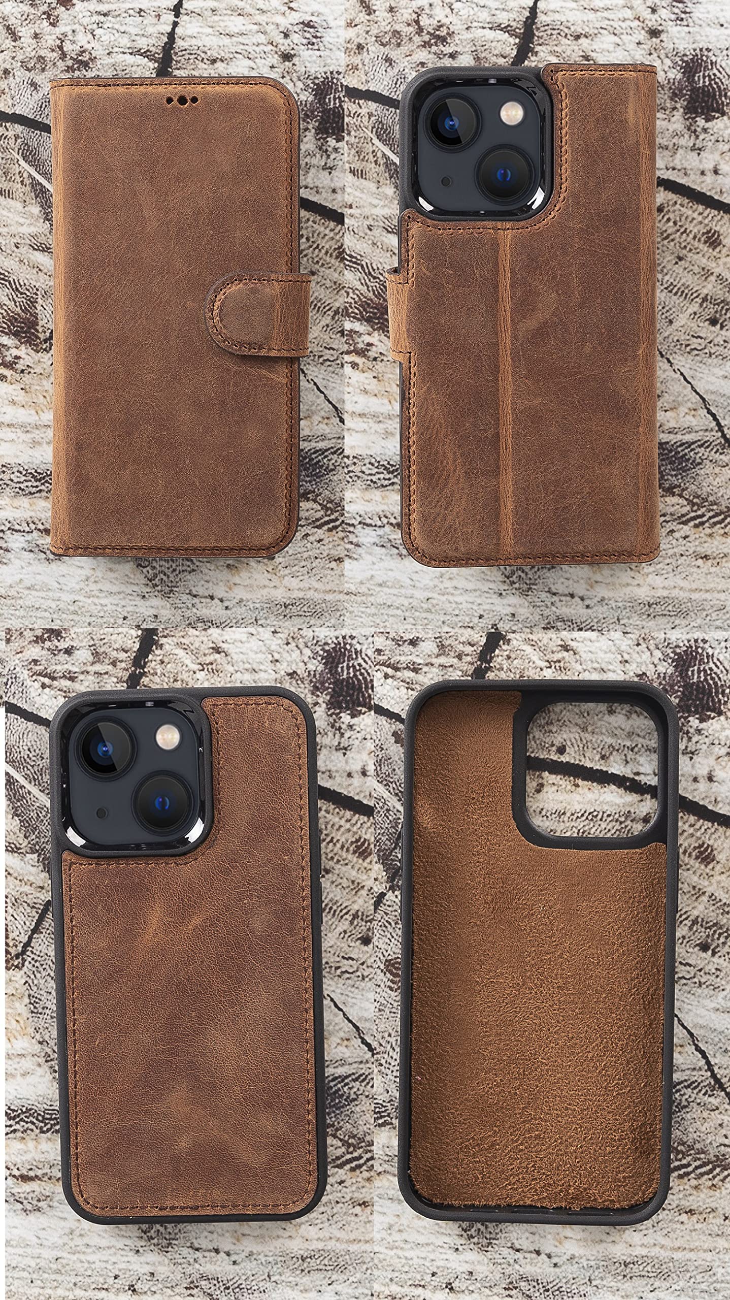 Vintage Brown Genuine Leather iPhone 14 Pro MAX Wallet Case with 4 Card Slots & Kickstand - RFID Protected, Wireless Charging Compatible - Handmade for Men & Women (Also Fits iPhone 14/13/12) - Perfect for Daily Commute, Business Meetings & Travel