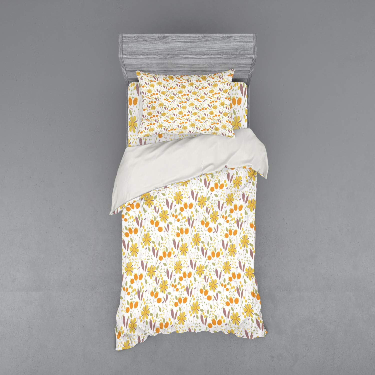 Ambesonne Floral Bedding Set - 3 Piece Duvet Cover with Sham & Fitted Sheet, Twin Size, Autumn Garden Cottage Design, Hand-Painted Fall Foliage Pattern, Multicolor | Perfect for Cozy Bedrooms, Guest Rooms & Seasonal Home Decor