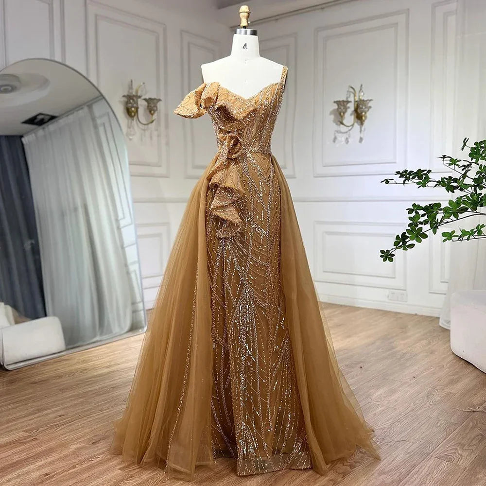 Serene Hill Golden Mermaid Evening Dress with Skirt - Women's Luxury Grey Beaded Spaghetti Strap Party Gown for Prom, Wedding & Formal Events 2025 LA72341