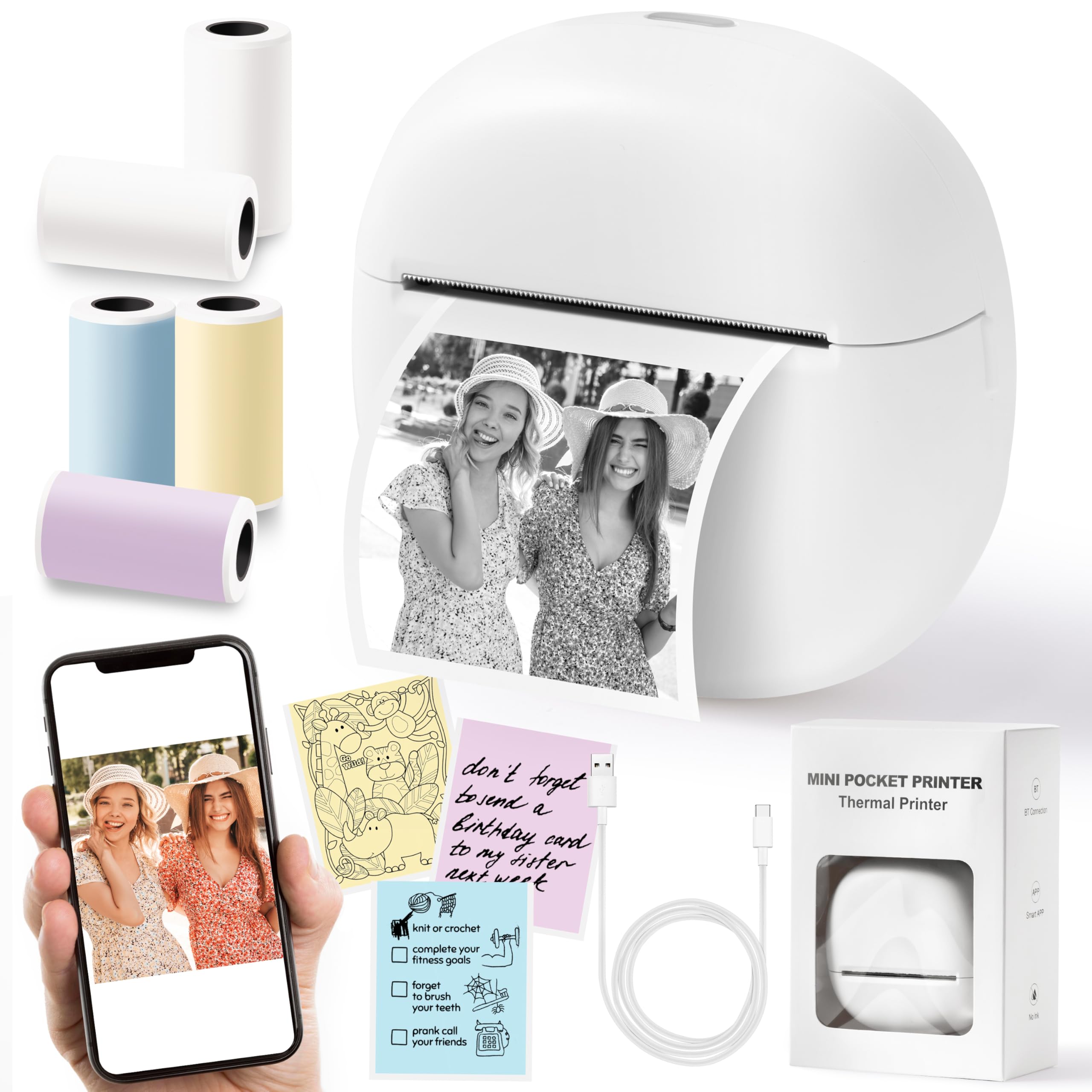 Mini Thermal Sticker Printer - Portable Bluetooth Photo & Label Maker for iOS/Android - Wireless Pocket Printer with 5 Sticker Rolls, Inkless Memo Maker for Home, Office & Travel (White)