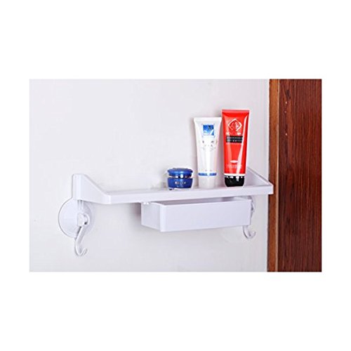 Wall Mounted Suction Storage Shelf with Hooks & Drawer - White | Bathroom, Kitchen & Garage Organization Solution