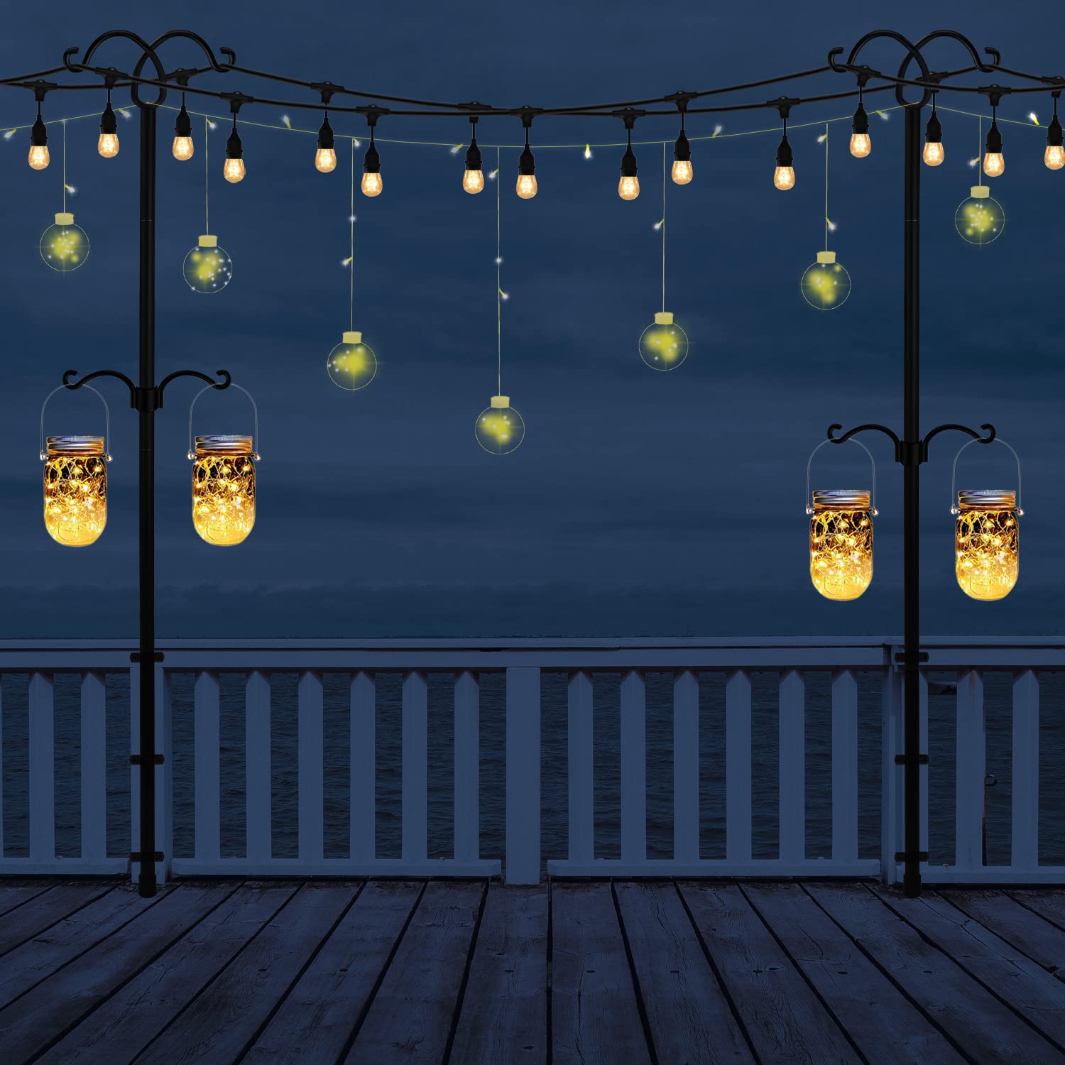 2 Pack Adjustable 110IN Metal String Light Poles with Hooks - Black Garden & Patio Lighting Stand for Outdoor Parties, Weddings, Backyard Decor - Perfect for Hanging Fairy Lights & Creating Ambiance