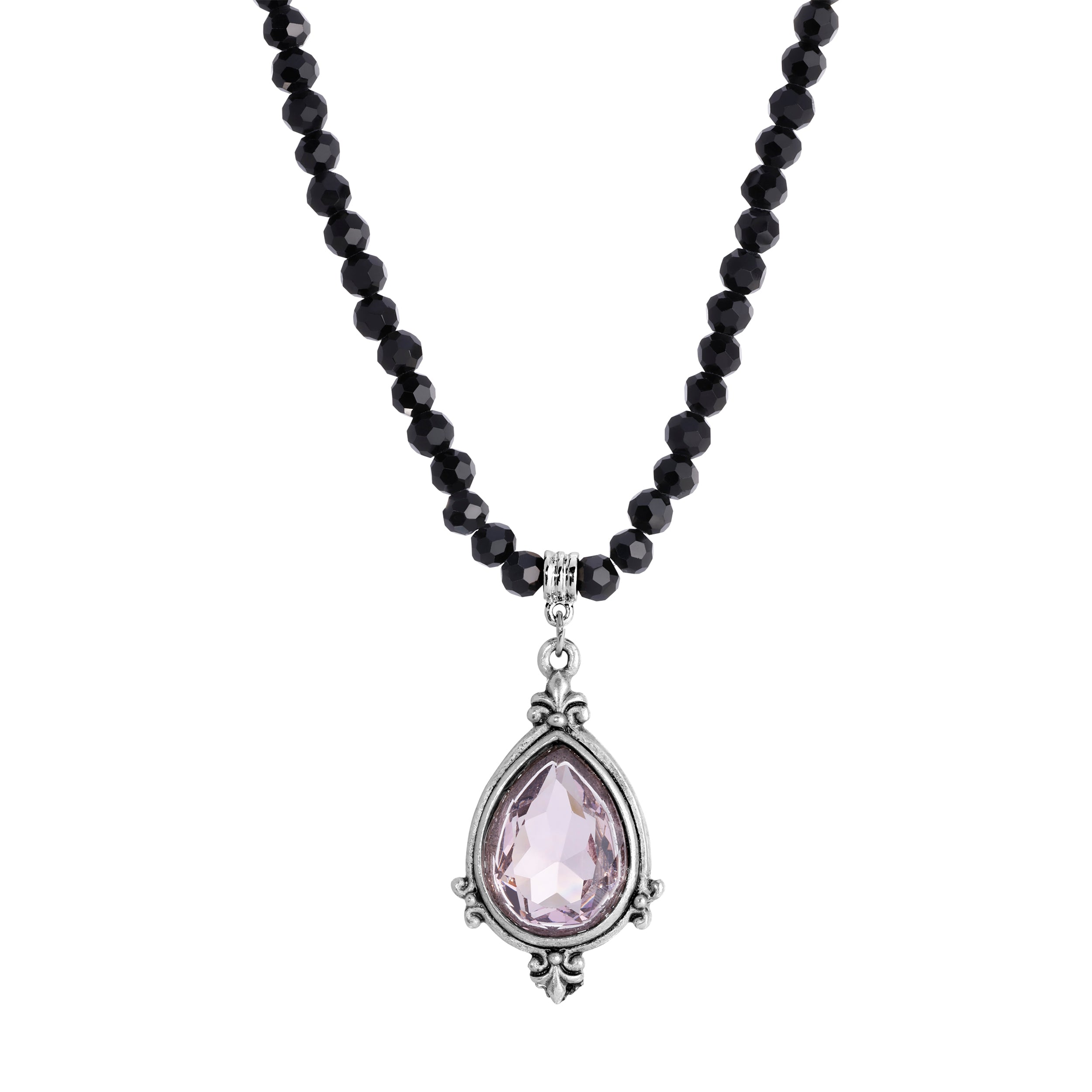1928 Jewelry Amethyst Pear Shaped Pendant with Black Glass Beaded Necklace - 18 Inch Vintage Style Purple Gemstone Jewelry for Women, Perfect for Weddings, Parties & Special Occasions
