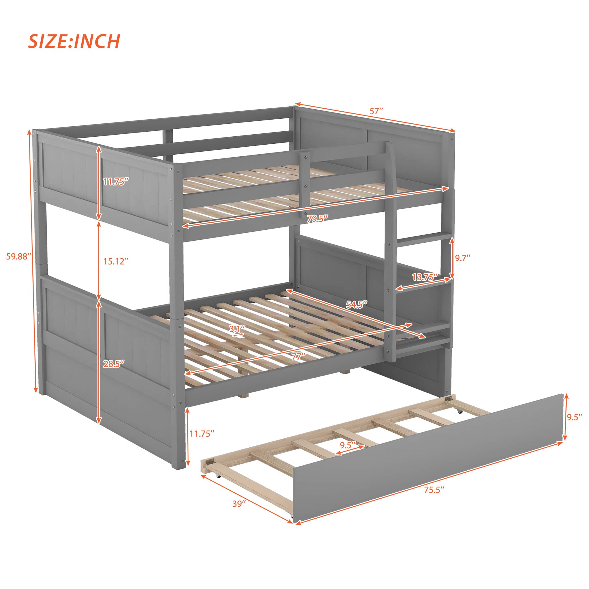 MERITLINE Full Over Full Bunk Bed with Twin Trundle - Sturdy Wooden Bunk Bed for Kids, Teens & Adults in Gray | Space-Saving Solution for Guest Rooms, Dorms & Small Apartments