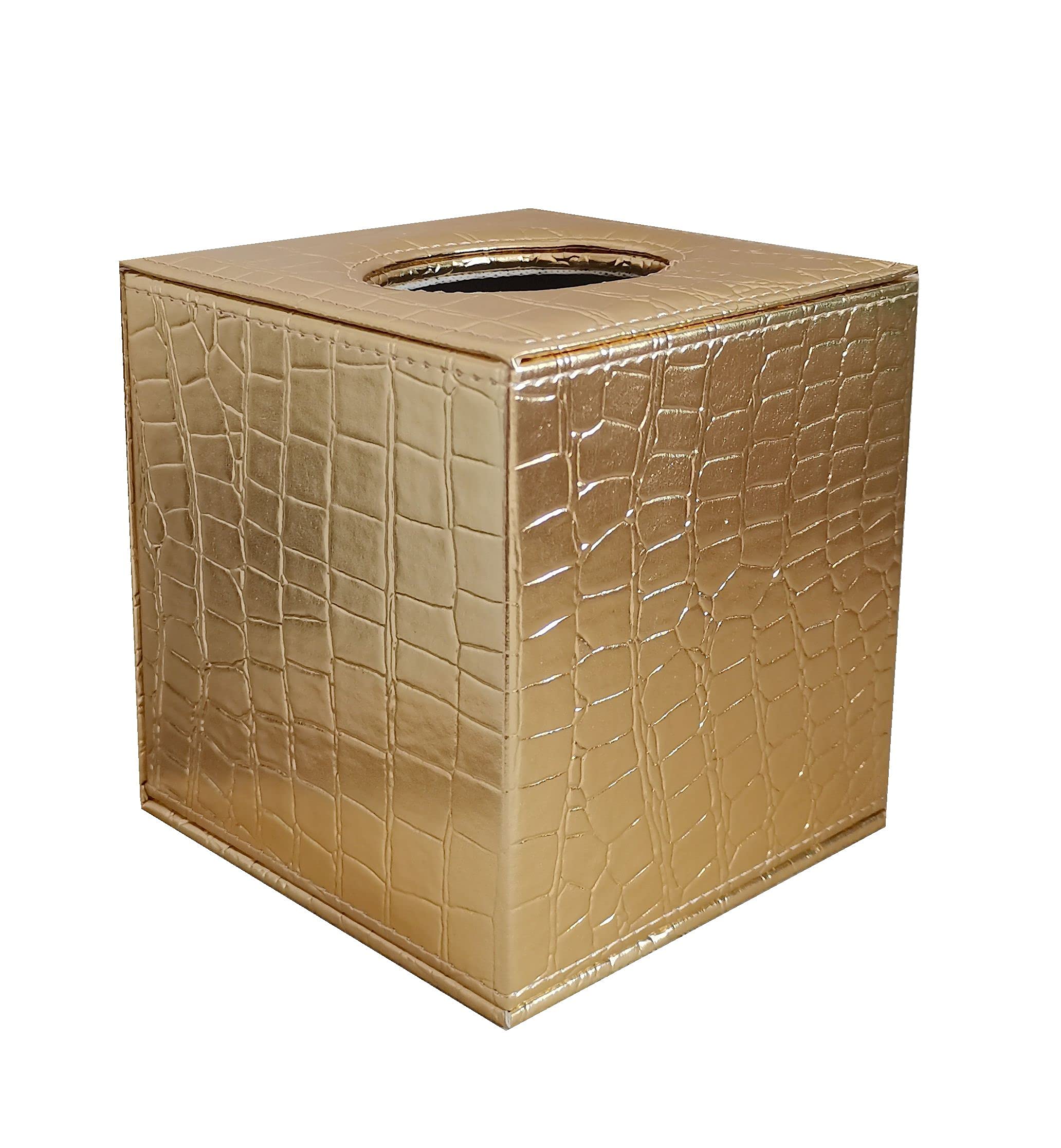 Premium Faux Leather Square Tissue Box Cover - Elegant Gold Rectangular Holder for Home & Office Decor | Perfect for Living Room, Bedroom, or Desk Organization