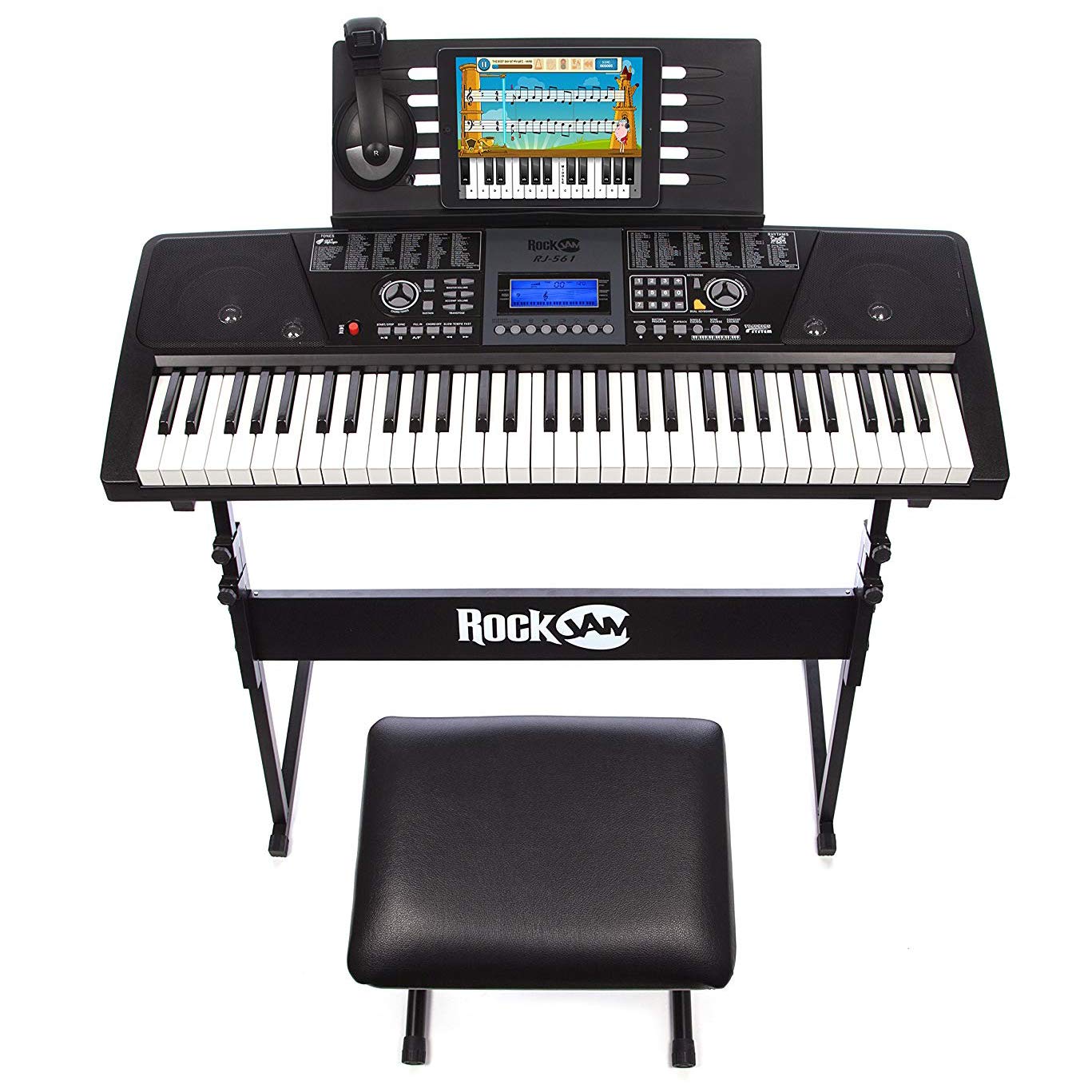 RockJam 61-Key Electronic Keyboard Piano with LCD Display, Stand, Bench, Headphones & Keynote Stickers - Complete Beginner Piano Kit with Simply Piano App - Perfect for Home Learning, Music Practice & Gift Giving