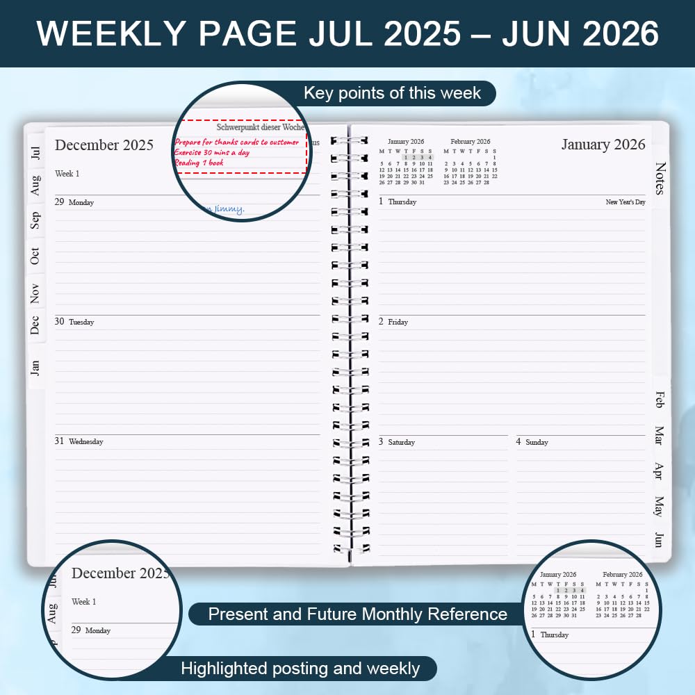 2025-2026 A5 Weekly & Monthly Planner with Tabs - July 2025 to June 2026 Academic Diary - Twin-Wire Binding, 14.8x21cm - Perfect for Students, Professionals & Home Organization