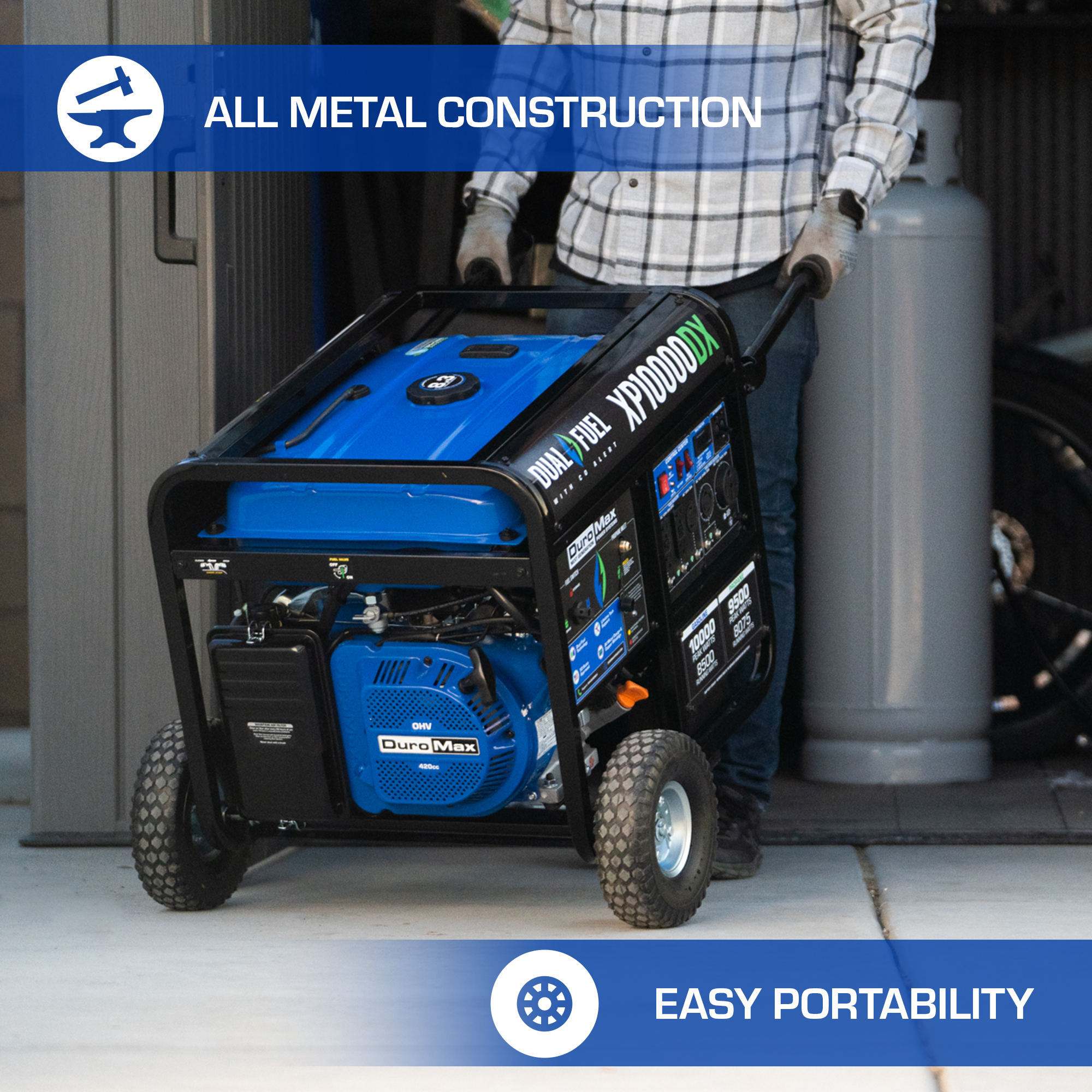 10,000 Watt Dual Fuel Portable Generator with CO Alert - Reliable Backup Power for Home, Camping & Emergency Use