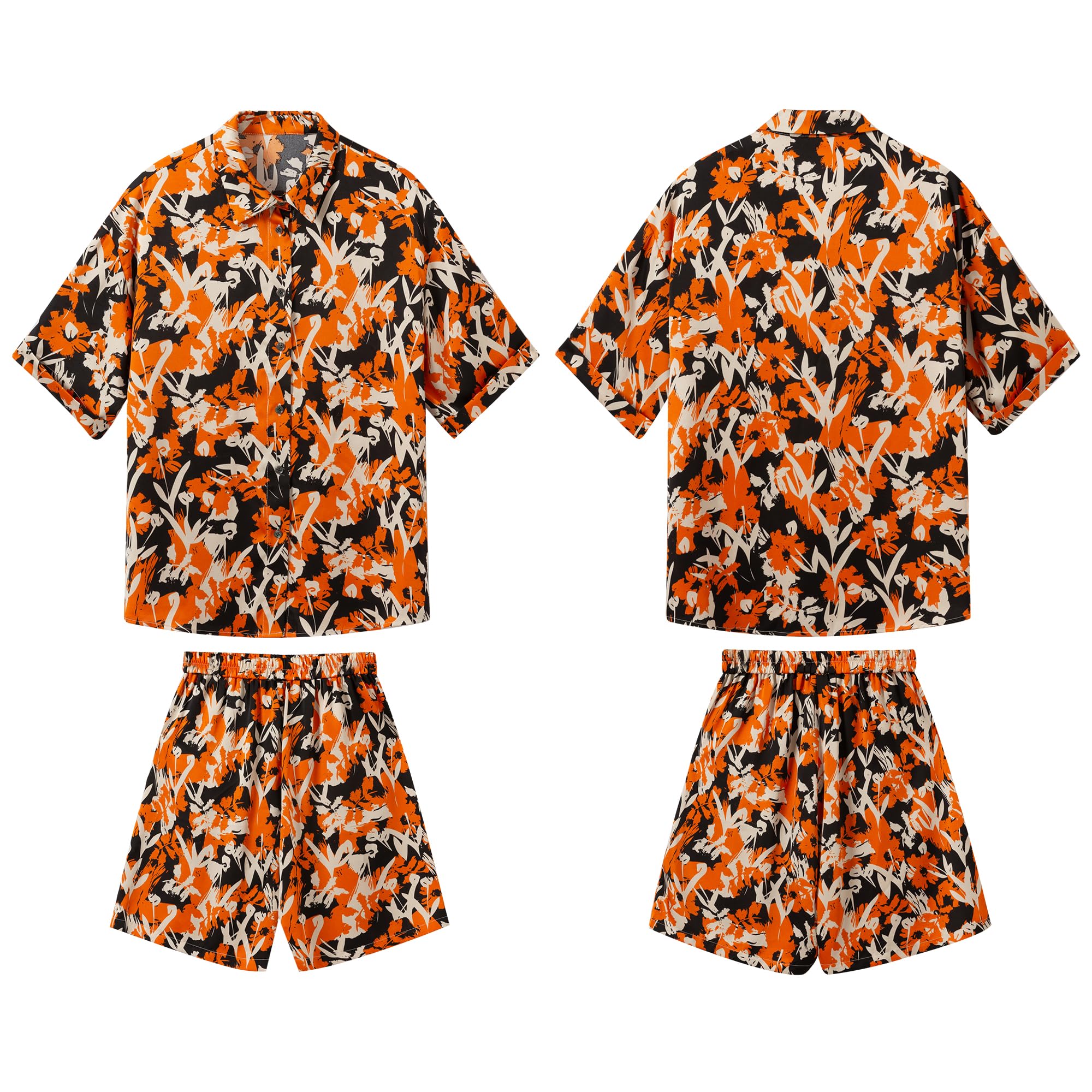 Women's Orange Yellow Floral Print Casual Shirt and Shorts Set 2 Piece - Summer Beach Vacation Outfit for Women, Tropical Holiday Wear, Poolside Lounge Clothing