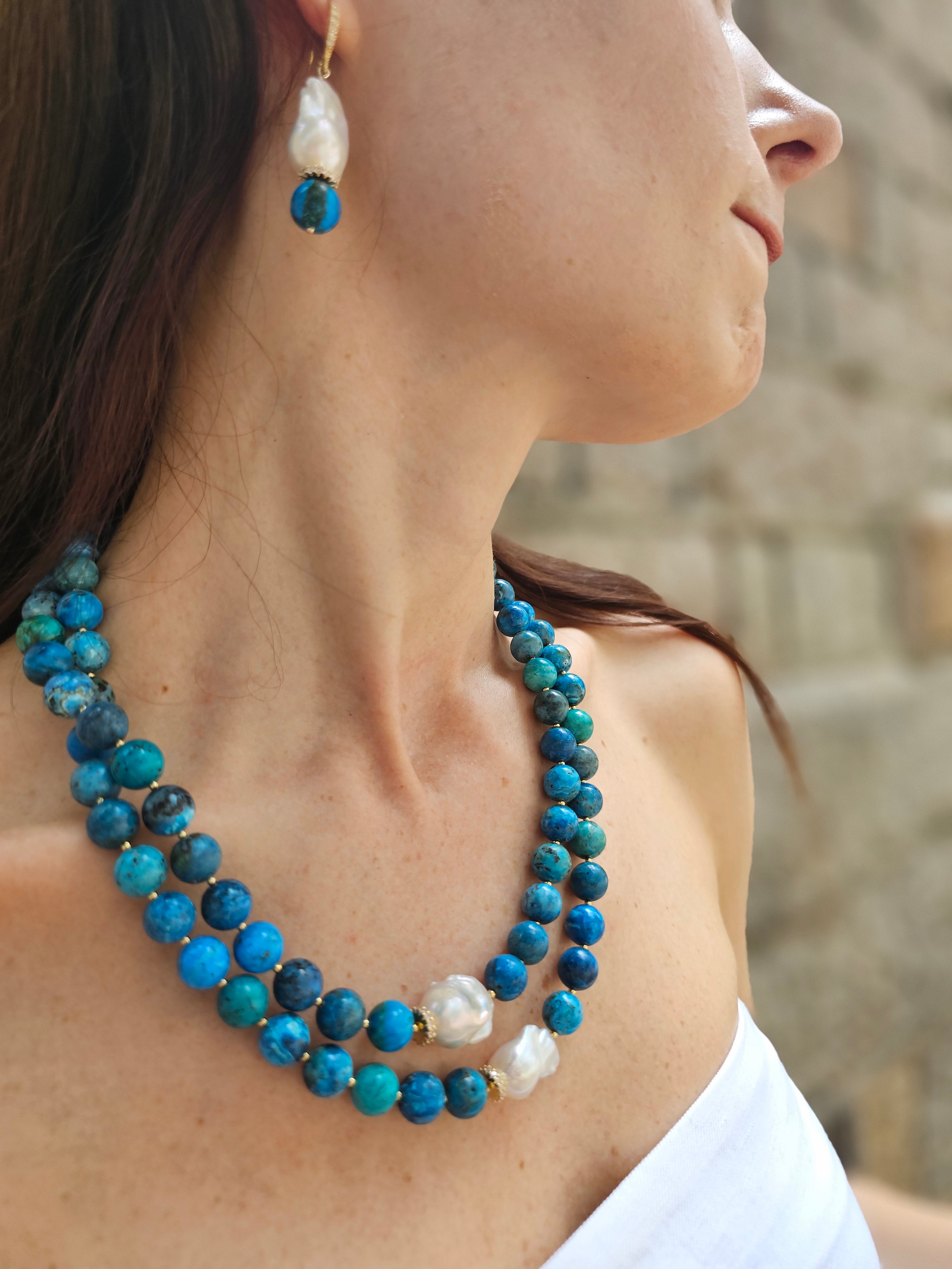 Blue Opal and Baroque Pearls Double Layer Necklace NN047 - Elegant Jewelry for Women, Perfect for Weddings, Parties & Special Occasions