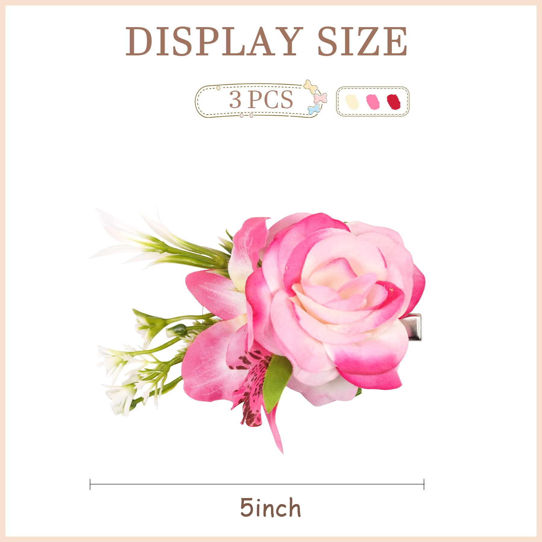 3PCS Rose Flower Hair Clips for Women & Girls - Large Hawaiian Artificial Flower Hair Barrettes with Leaves - Wedding Beach Luau Party Hair Accessories - Perfect for Bridal, Vacation, and Summer Hairstyles