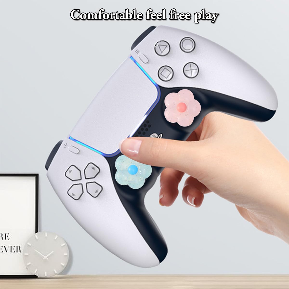 PERFECTSIGHT Cute Glitter Flower Thumb Grips for PS5, PS4, Xbox Series X/S, Xbox One, Switch Pro Controller - 4PCS Soft Rubber 3D Analog Joystick Covers - Kawaii Gaming Accessories for Enhanced Grip & Comfort During Long Gaming Sessions