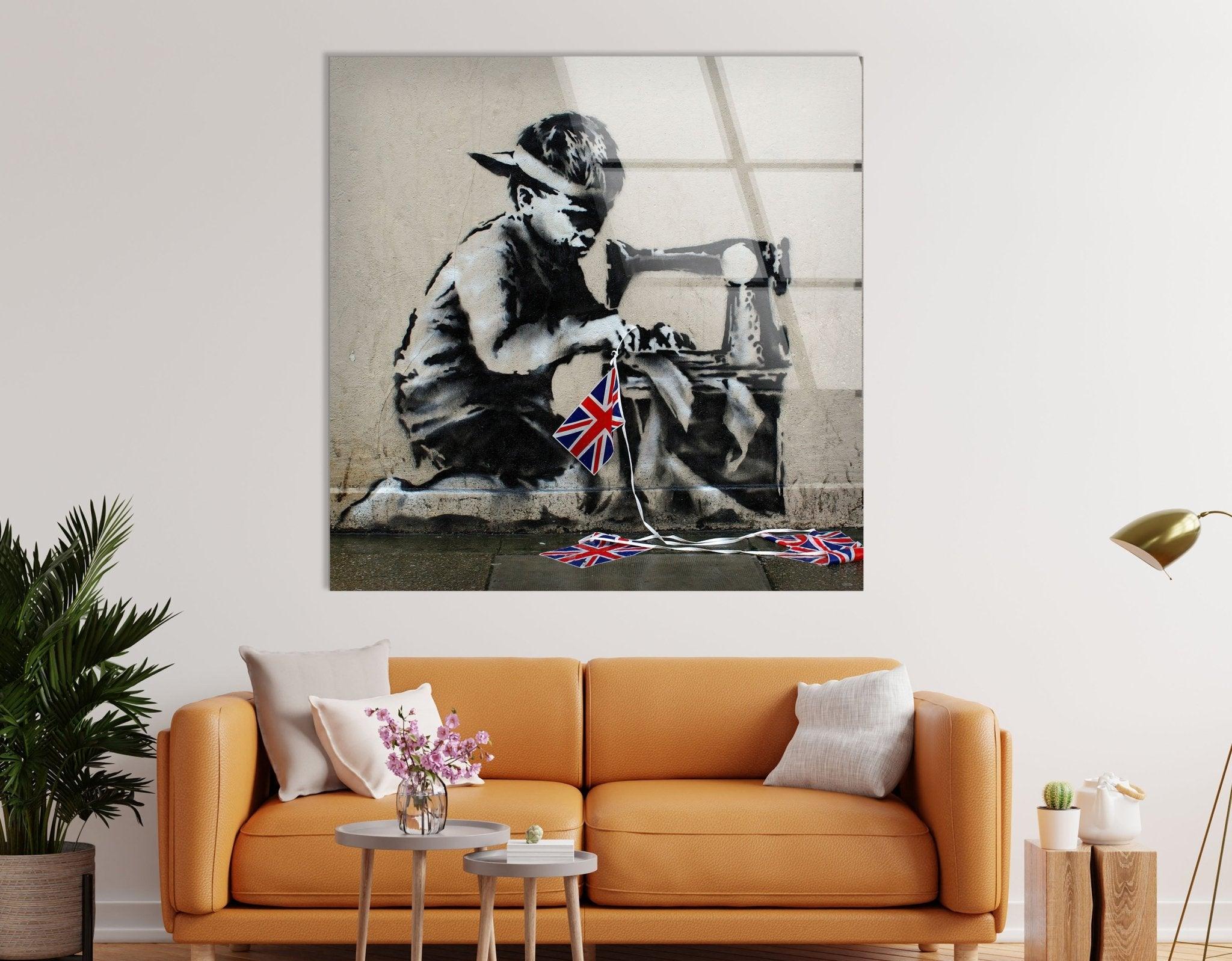 Banksy UK Flag Glass Wall Art - Modern British Street Art Decor for Living Room, Office & Gifts
