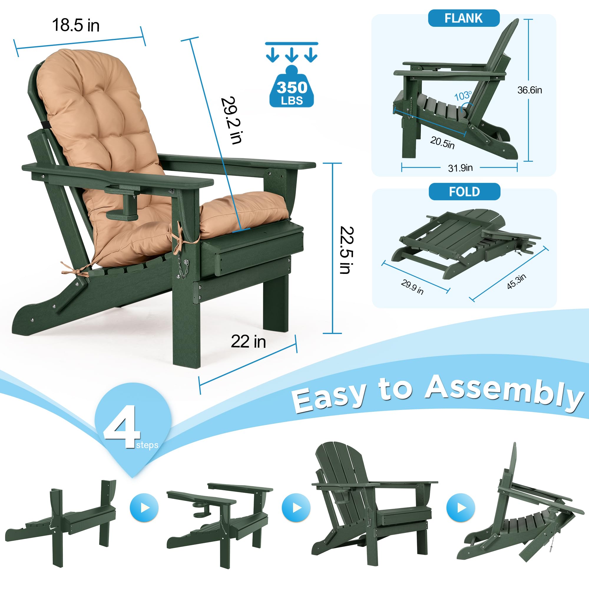 Nalone 2-Pack Folding Adirondack Chairs with Cushions & Cup Holders - HDPE Plastic Oversized Weather-Resistant Outdoor Patio Chairs for Backyard, Deck, Garden, Fire Pit, Camping & Poolside (Green)