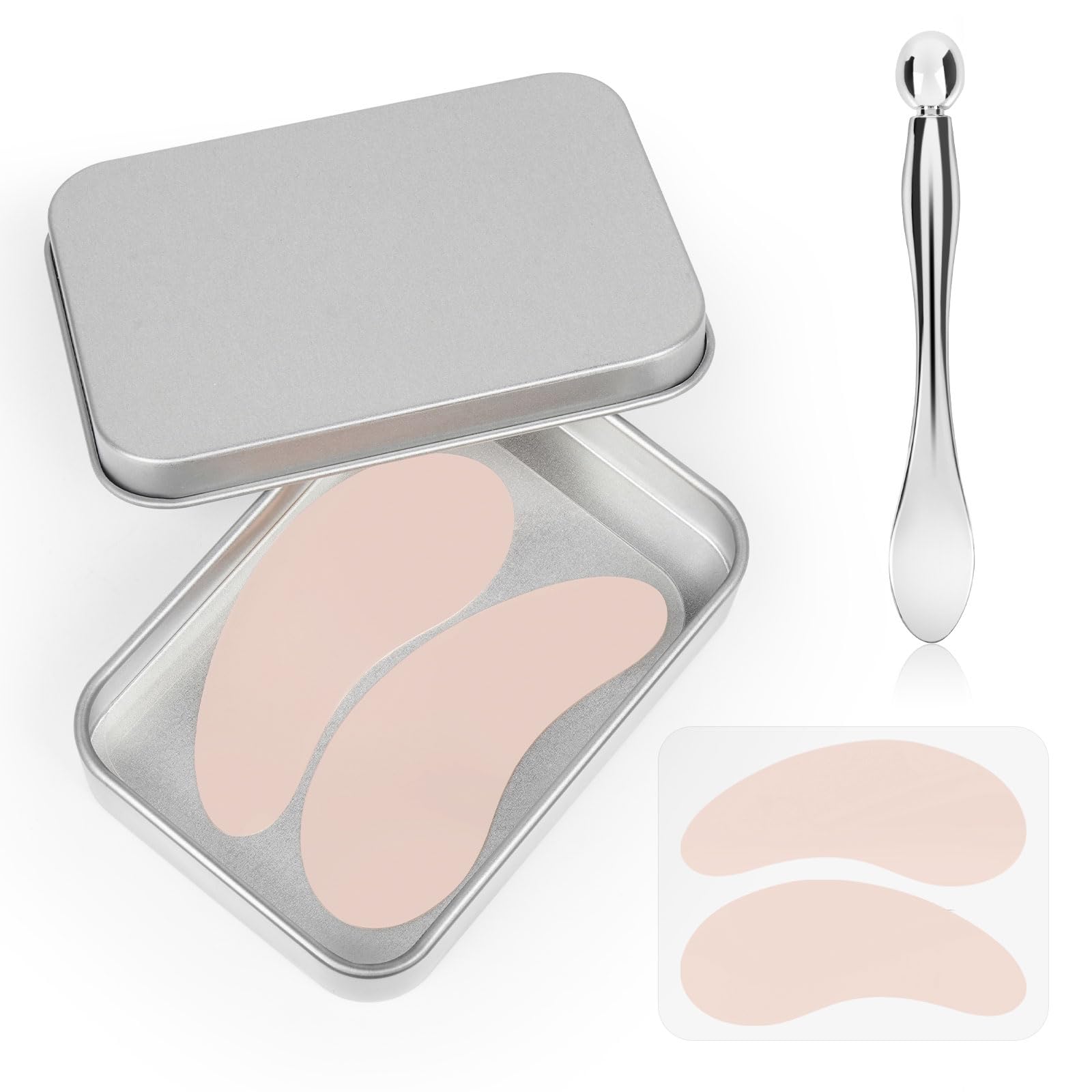 Reusable Silicone Under Eye Patches for Wrinkles & Fine Lines - 2 Pcs Set with Metal Eye Cream Applicator & Tin Case - Perfect for Dark Circles, Puffiness & Anti-Aging Skincare Routine