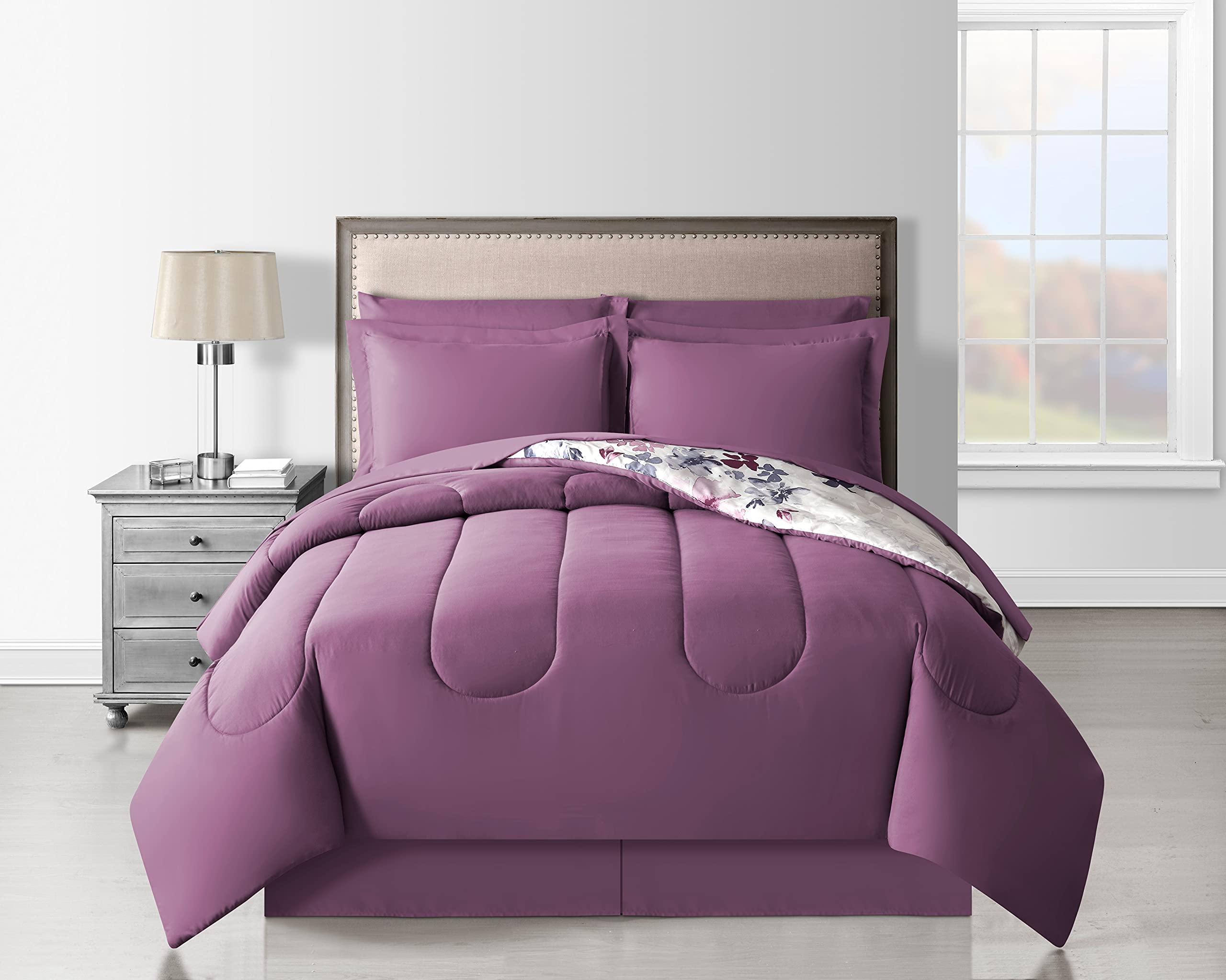 Monica 6-Piece Twin Size Bed-in-A-Bag Set - White & Lilac Floral Pattern Comforter, Sheet & Pillowcase Set for Girls Bedroom Decor