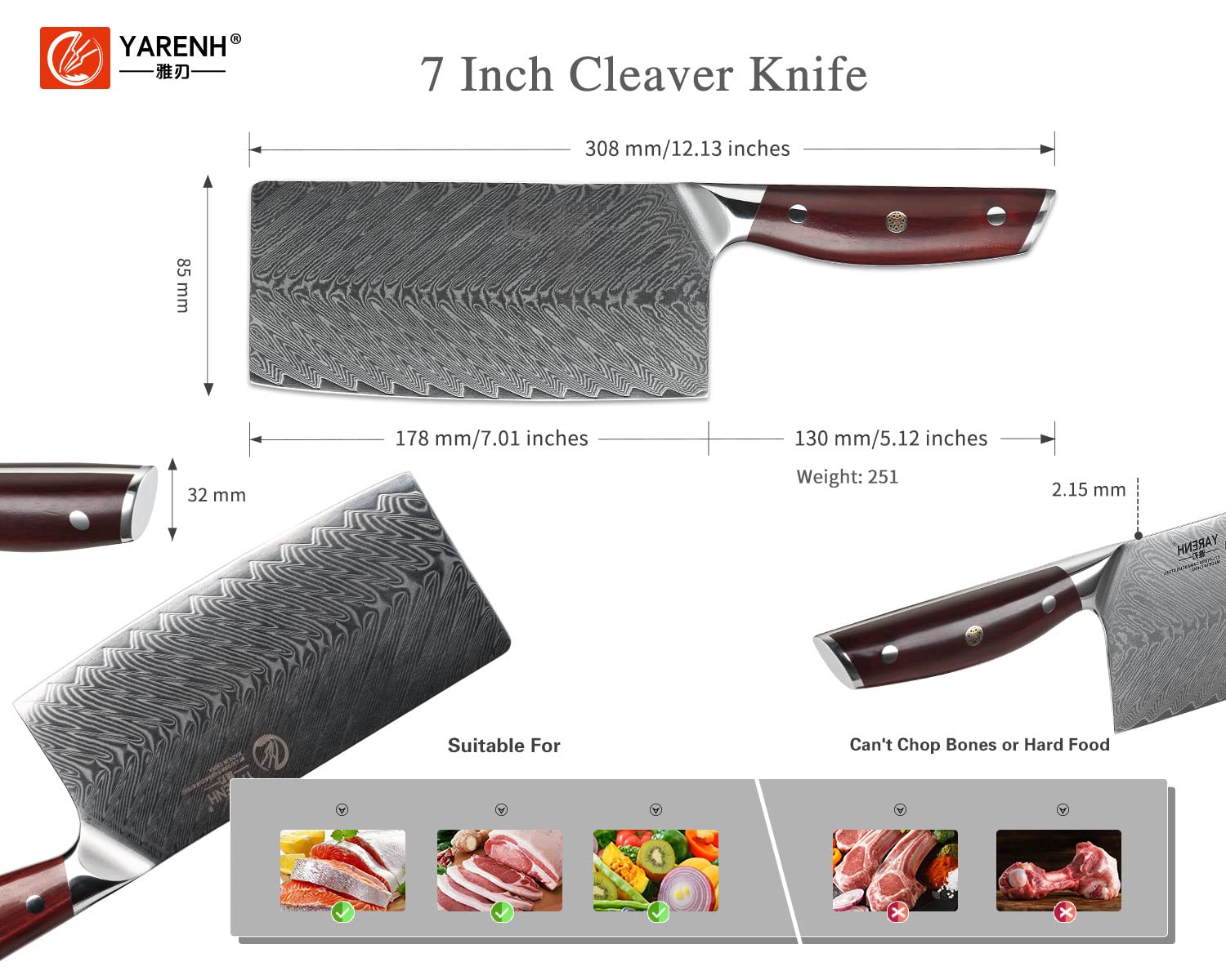 YARENH 7 Inch Damascus Chinese Cleaver Knife - 67 Layer High Carbon Stainless Steel Chef Knife, Ultra Sharp & Rust Resistant with African Sandalwood Handle (Gift Box Included) - Perfect for Slicing, Dicing & Chopping Vegetables, Meat & Herbs