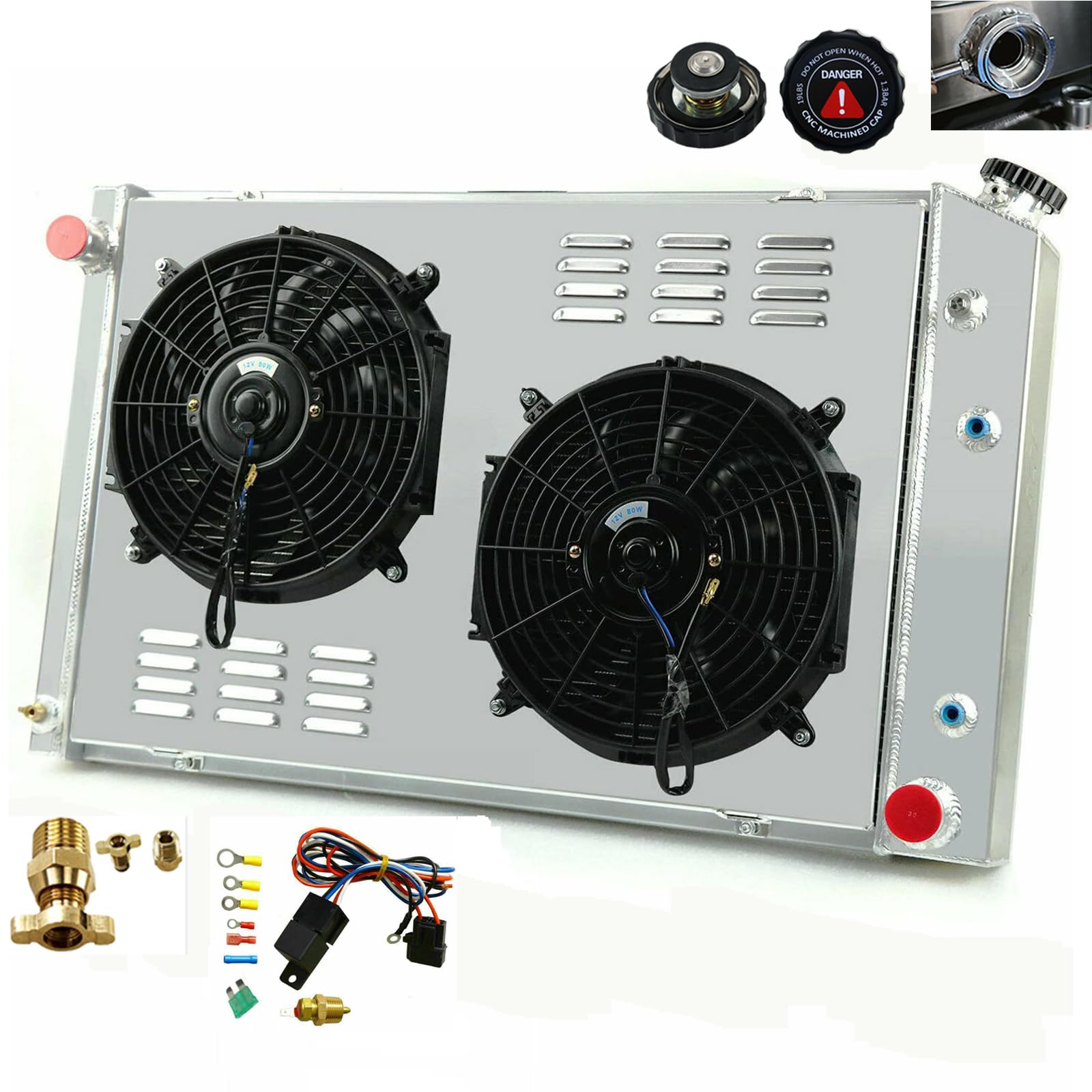 3 Row Aluminum Radiator Shroud with Fan Relay for 1973-1991 Chevy C10 C20 C30 C1500 C2500 K10 K20 K30 Pickup Blazer & GMC Truck - Compatible with 1981-1990 Models - Heavy Duty Cooling Upgrade for Off-Road & Towing