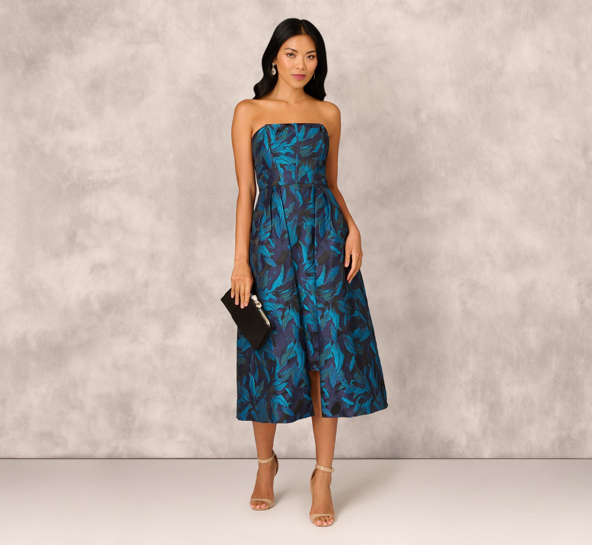 Floral Jacquard Midi Dress in Blue & Black - Elegant Floral Print Summer Dress for Women, Perfect for Weddings, Parties & Date Nights