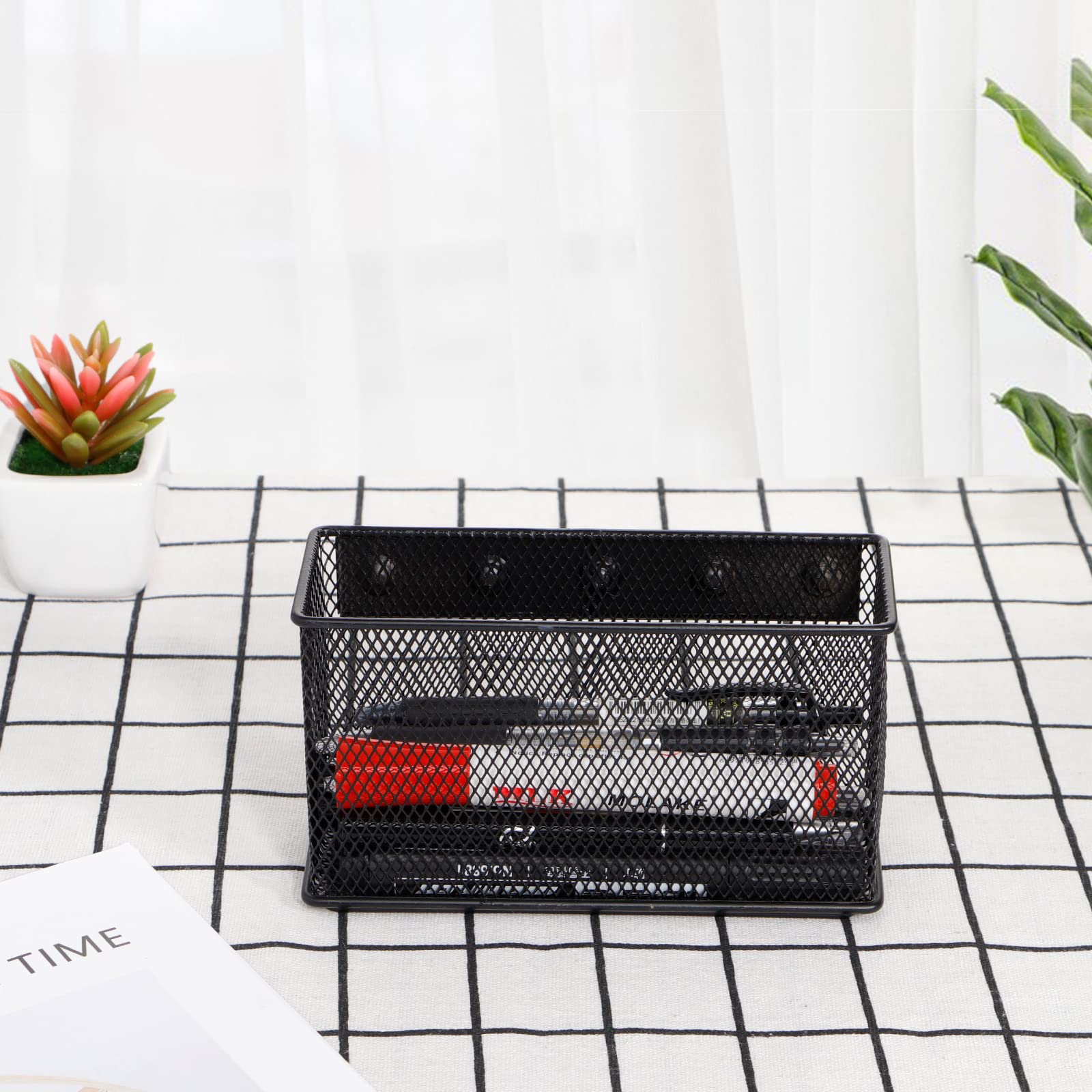 Black Magnetic Mesh Storage Basket Organizer with 5 Strong Magnets - 6.29'' × 2.28'' × 3.54'' Magnetic Pen Holder for Refrigerator, Locker, Whiteboard & Office Organization | Perfect for Kitchen, Bathroom, Dorm & Workspace Storage