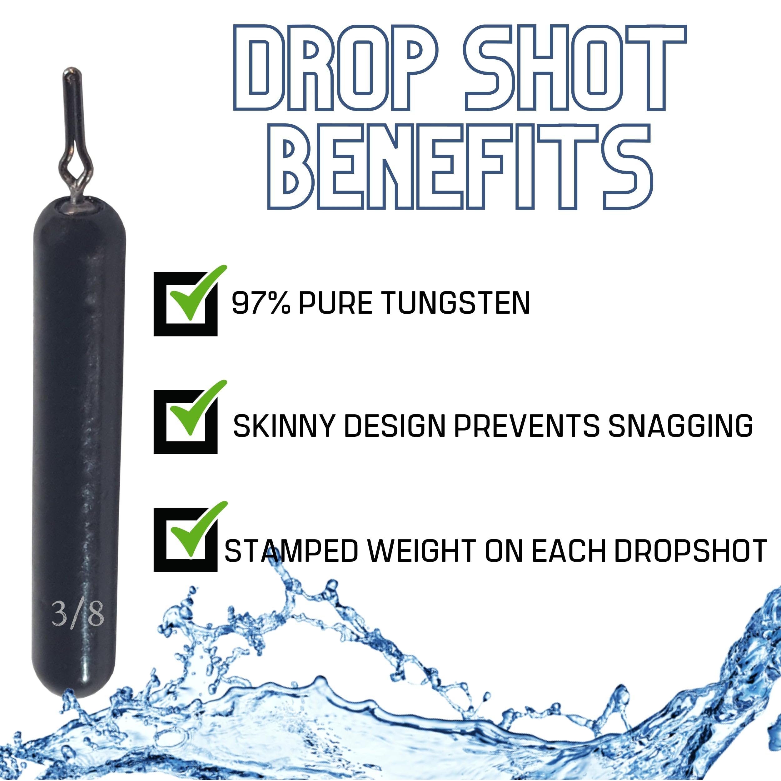 Reaction Tackle Tungsten Drop Shot Weights - Premium Fishing Sinkers for Bass Fishing Dropshot Rigs | Skinny Tungsten Weights with Size Stamped for Freshwater & Saltwater | Perfect for Shore Fishing, Boat Angling, and Tournament Bass Fishing